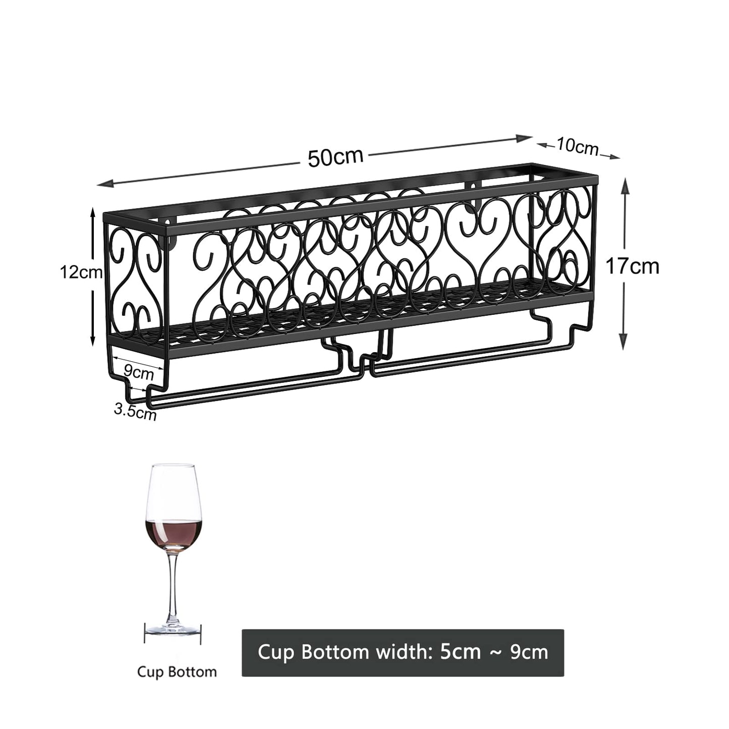 AcornFort® W-621 Metal Black Wall Hanging Mounted Wine Champagne Glass Goblets Stemware Rack Holder, 50 x 10 cm Hold Up To 6 Bottles Wine and 6 Cups Glasses