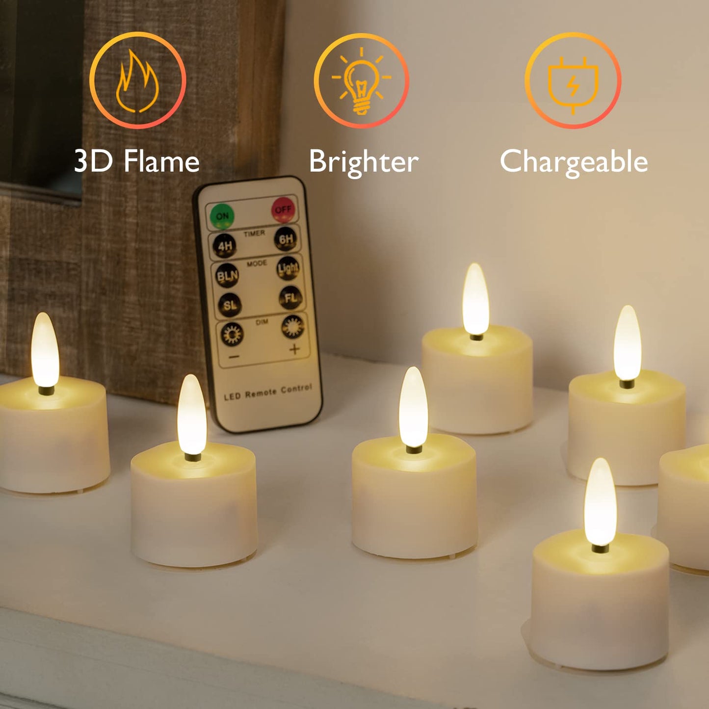 Homemory 6-Pack Rechargeable Candles Tea Lights with Remote Timer, LED Tea Lights Candles Battery Operated, Rechargeable Flameless Candles for Home Decor Seasonal Decor, Dia 3.5cm X H 5.8cm 3D wick, Rechargeable, Remote, Pack of 6