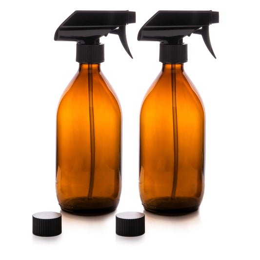 Amber Glass Spray Bottles with Trigger Pump/2 Caps. Reusable, Eco-friendly for Organic/Cleaning/Essential Oil/Plant/Hair/Pet (2 x 500 ml)