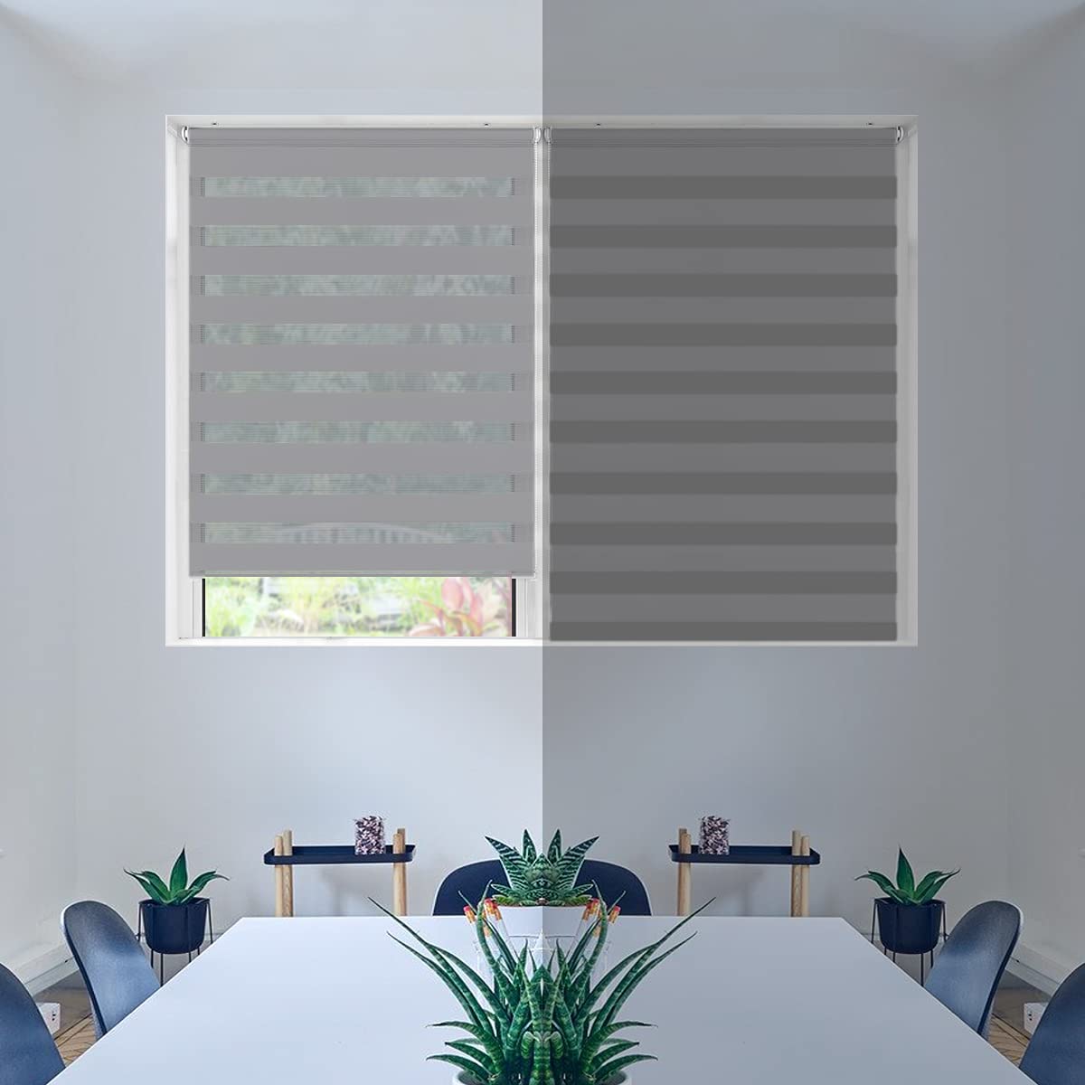 VOUNOT Day and Night Zebra Roller Blind with Clips 90 x 150 cm, Double Fabric Translucent or Blackout Vision Curtains for Window and Door, No Drilling, Grey 90x150cm Grey X 1