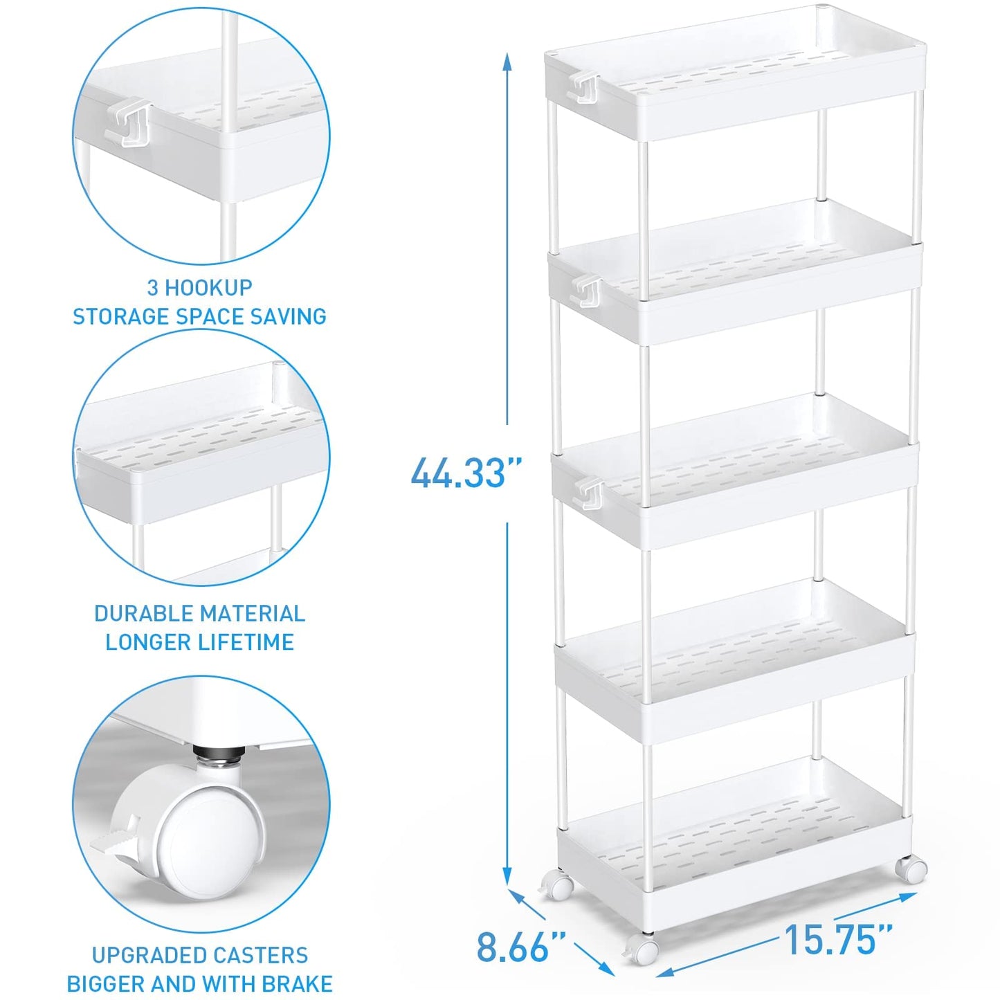 SPACEKEEPER Storage Trolley 5-Tier Storage Cart Slide Out Rolling Utility Cart Mobile Shelving Unit Trolley Organizer Cart for Kitchen Bathroom Laundry Office, Plastic, White