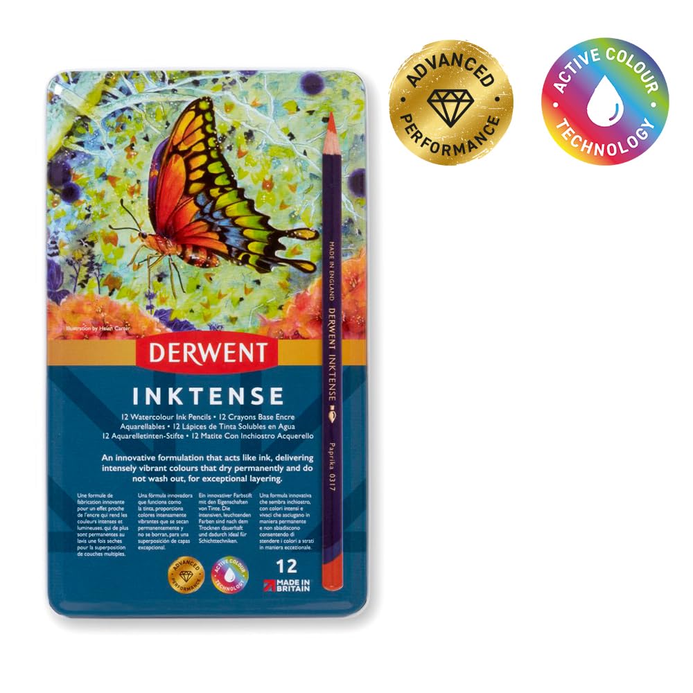 Derwent Inktense Permanent Watercolour Pencils, Set of 12 in a Tin, 4mm Premium Core, Water-Soluble, Ideal for Colouring, Painting and Crafting, Professional Quality (0700928) 12 Count (Pack of 1) Reusable Tin