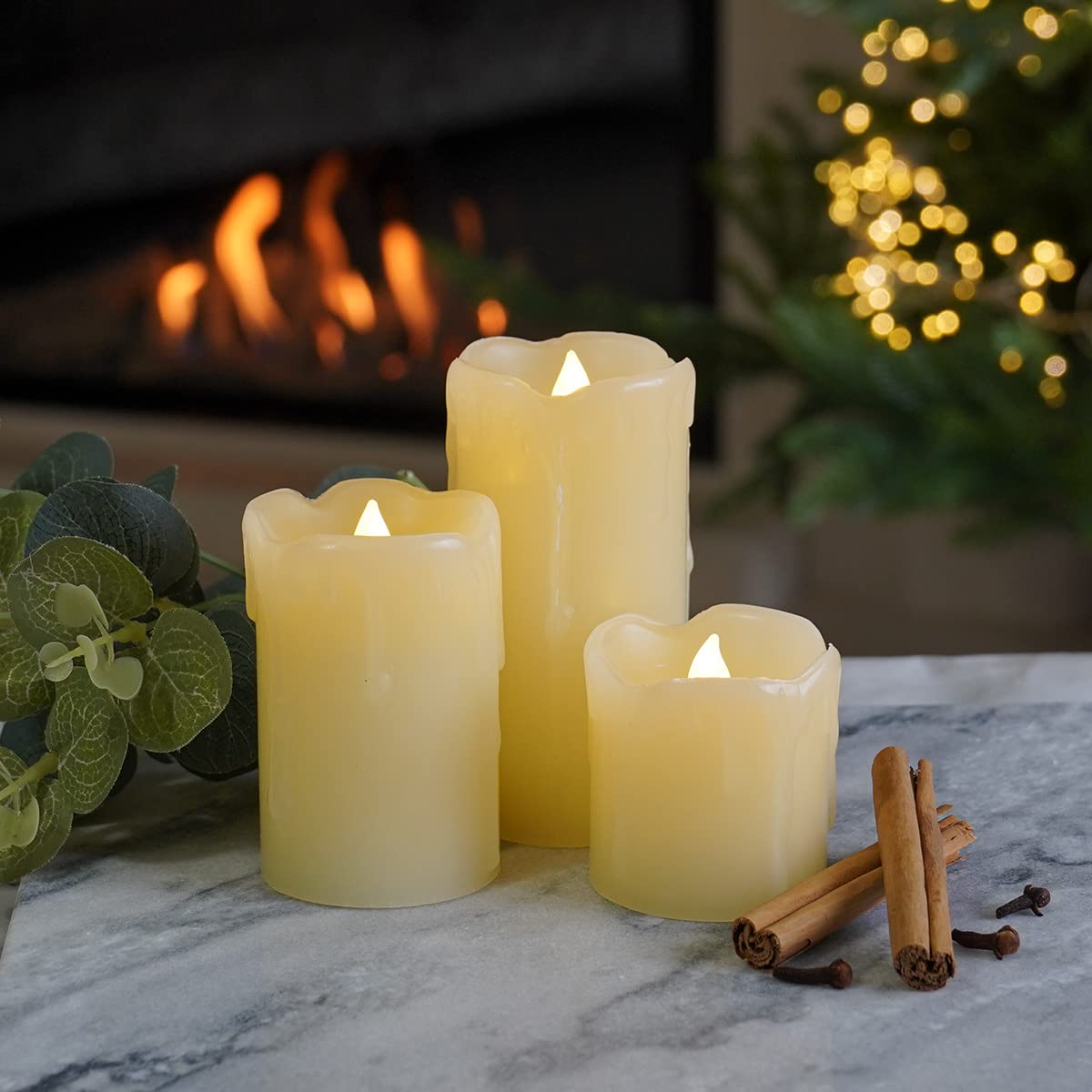 Festive Lights 3 Pack Cream Pillar Candles - Battery Operated Real Wax Flickering Flame - 3 x Warm White LED Indoor Christmas Home Event Decoration 3-Pack CR2032