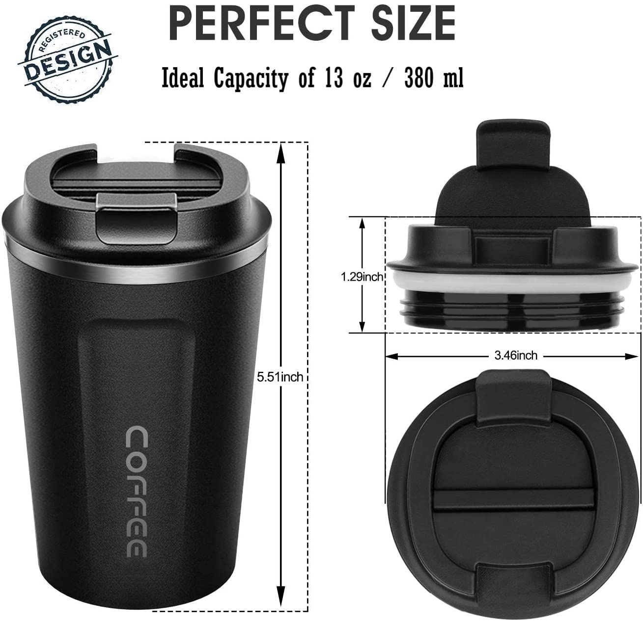 Artlive Coffee Cup, Travel Mug Insulated & Reusable Thermal Stainless Steel with Leakproof Lid & Eco-Friendly for Hot & Cold Drinks 380ml (Black) Black