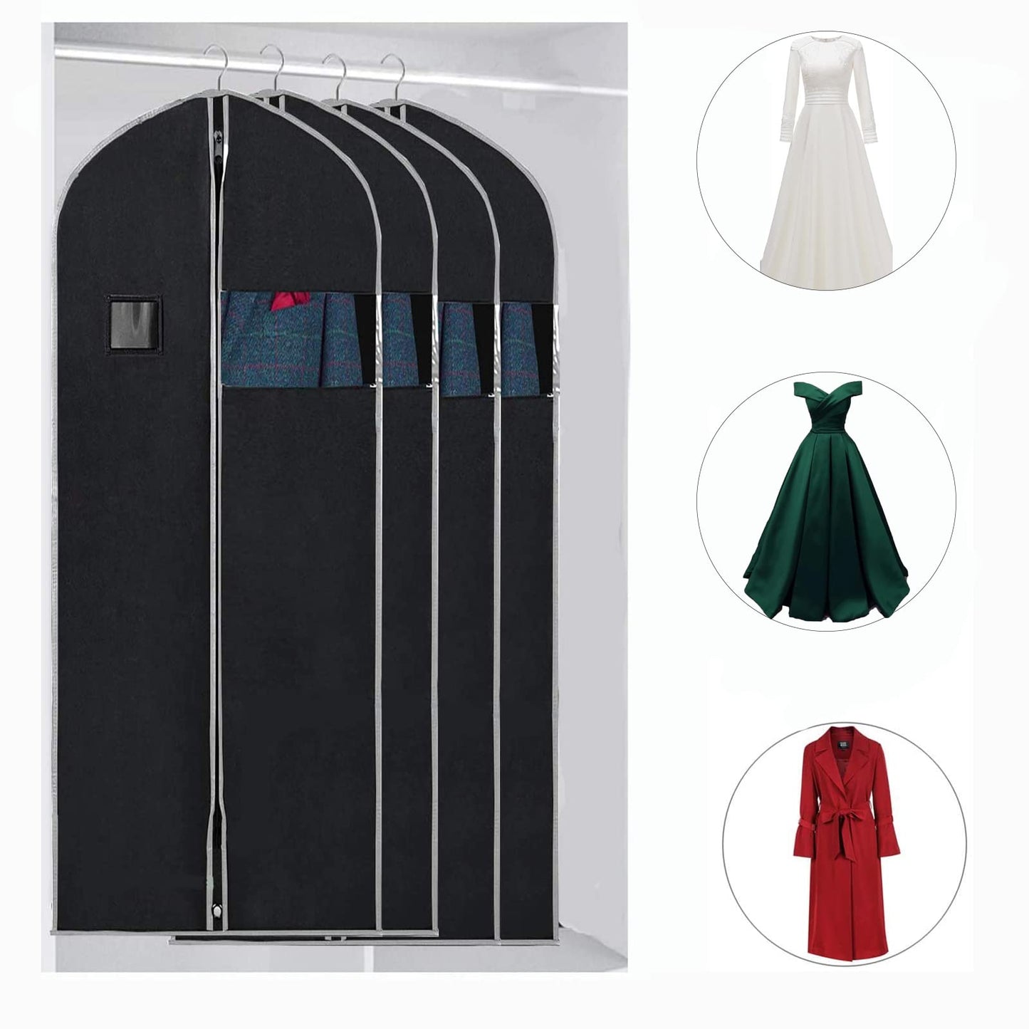 Dress Bag Covers Long, URMI Breathable 72 inch (3 PCS) Hanging Wedding Dress Bridesmaid Dress Bags for Gowns Prom Bridal Garment Bags with Clear Window Moth Proof Clothes Cover Storage Bag Black 183cm 24"x 72"/3 PCS