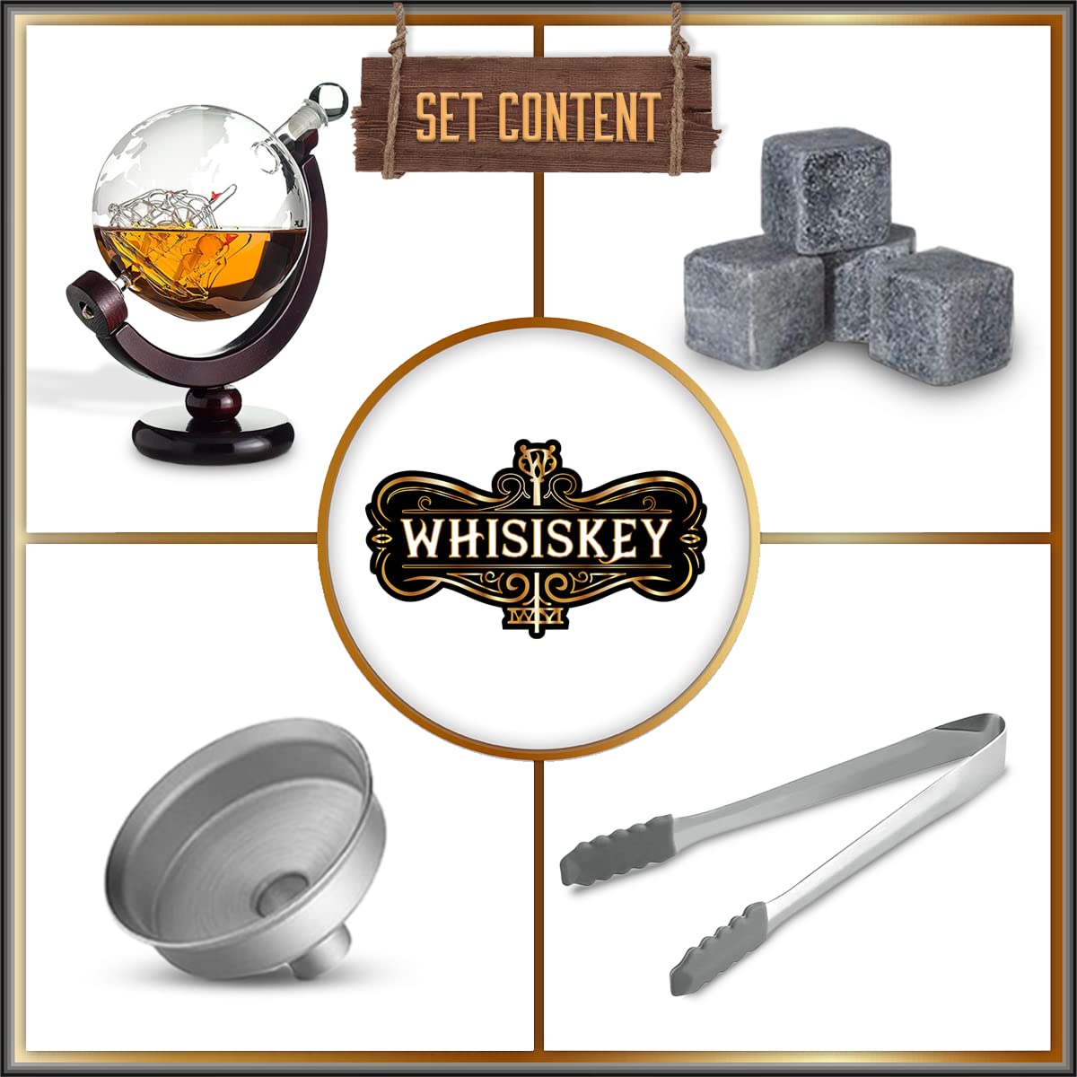 Whisiskey – Whiskey Decanter – Globe - 900 ml – Whiskey Carafe Set - Gifts for Men – Inc. 4 Whiskey Stones – Spout – Glass Stopper and Pliers Decanter Set