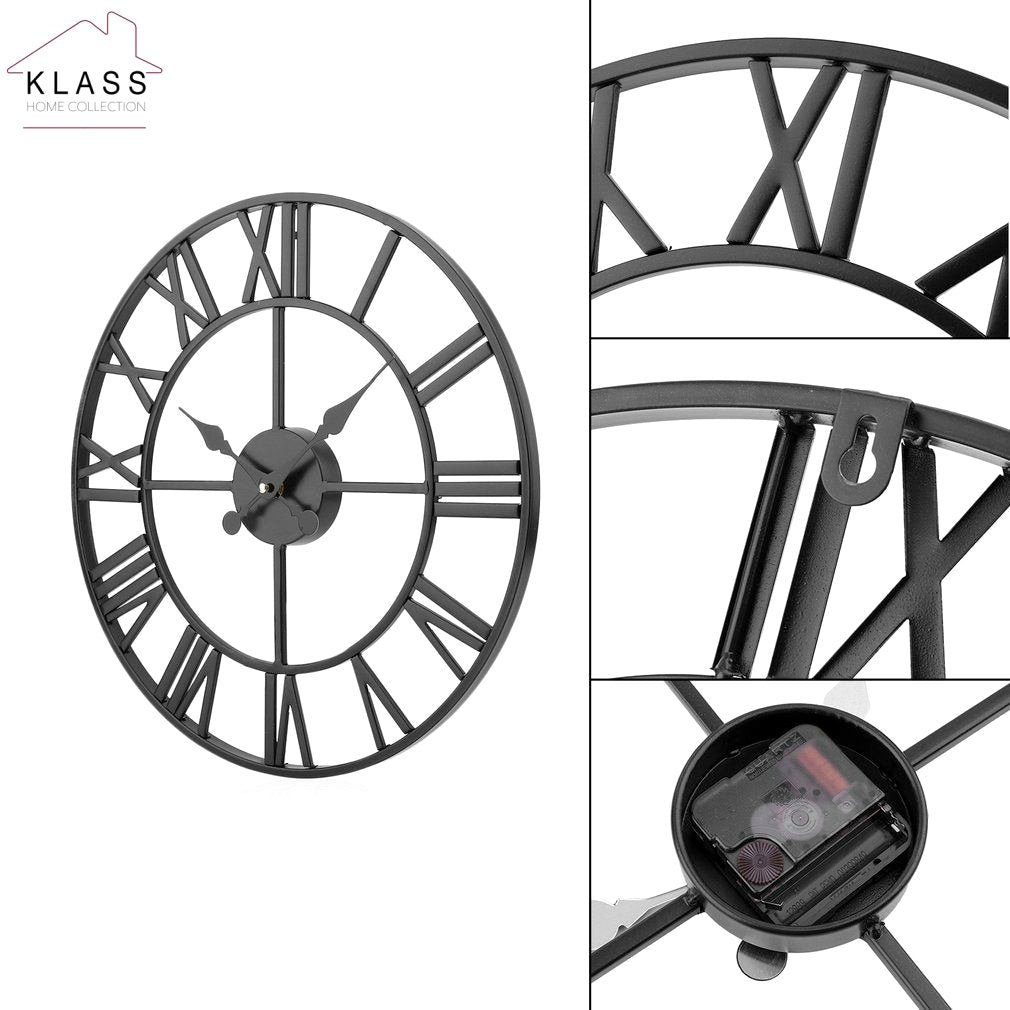 Klass Home 60cm Black Metal Large Wall Clock INDOOR/OUTDOOR Wall Clock | Silent Non-Ticking Roman Numerals Clocks For Living Room | Bedroom Kitchen Clock | Outdoor Clock | Garden Clock | Home Decor