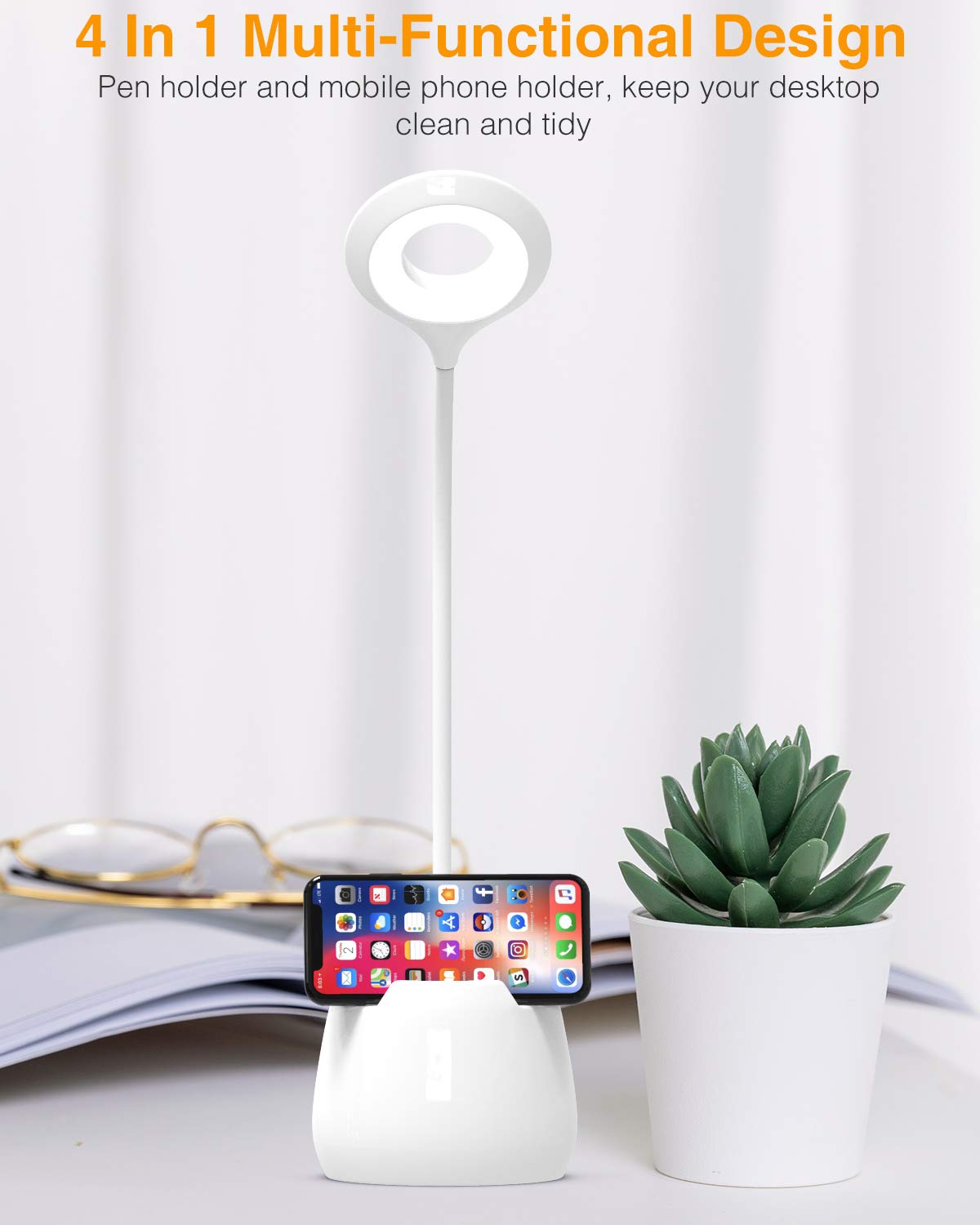 LED Desk Lamp with Night Light, USB Rechargeable Reading Lamp, 4 Eye-Caring Modes, Dimmable Desk Light, 360° Flexible Neck for Home Office Study Work