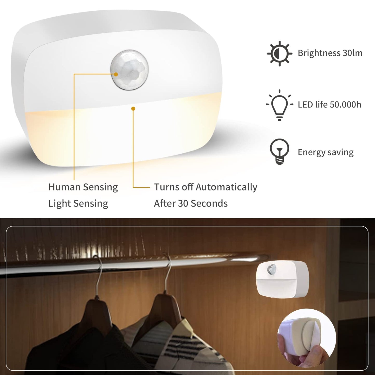 LED Motion Sensor Night Light, [4 Pack] Stick-On Night Light by Battery Powered, Stair Sensor Lights Indoors, Auto/ON/Off Light for Toilet, Hallway, Closet, Kitchen, Children's Room, Warm White light 4 PCS Warm White Night Light