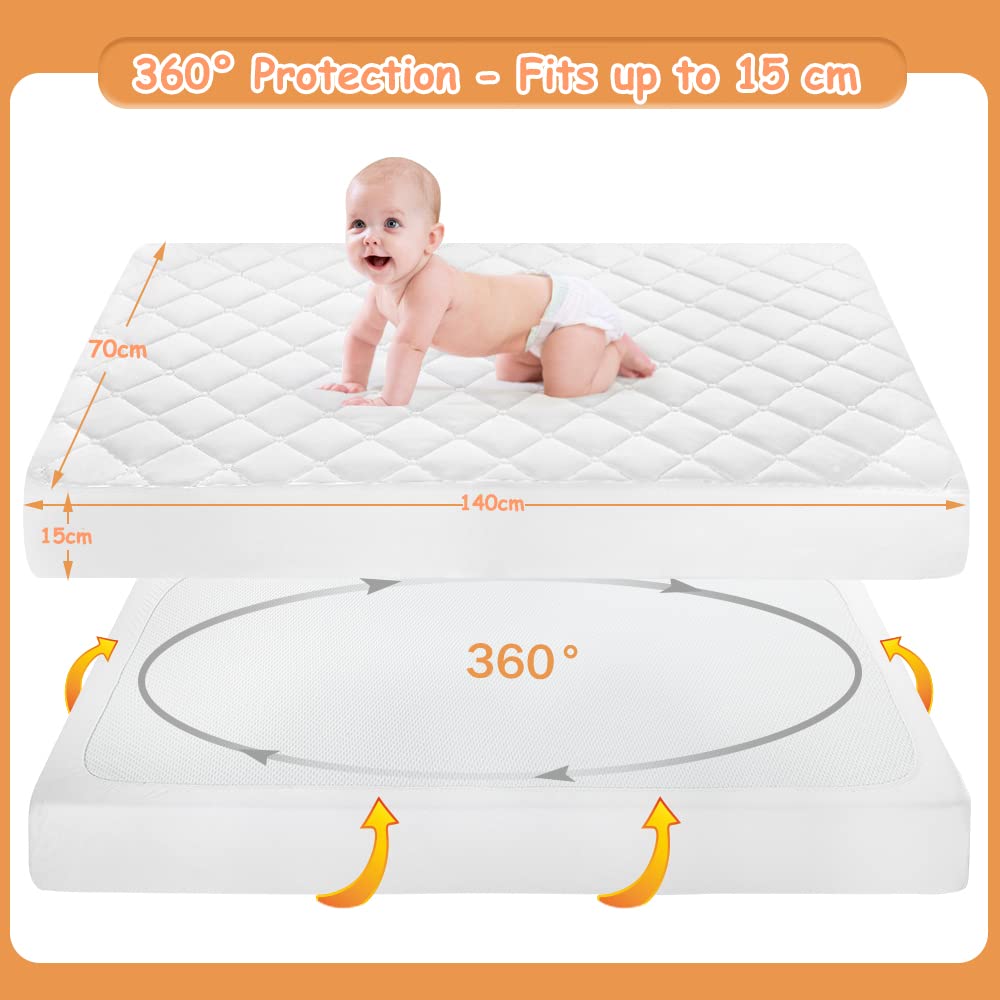 Yoofoss Waterproof Mattress Protector, 70 X 140CM Quilted Fitted Crib Mattress Protector, Ultra Soft Breathable Toddler Mattress Protector Baby Crib Mattress Cover 70x140 cm (Pack of 1)