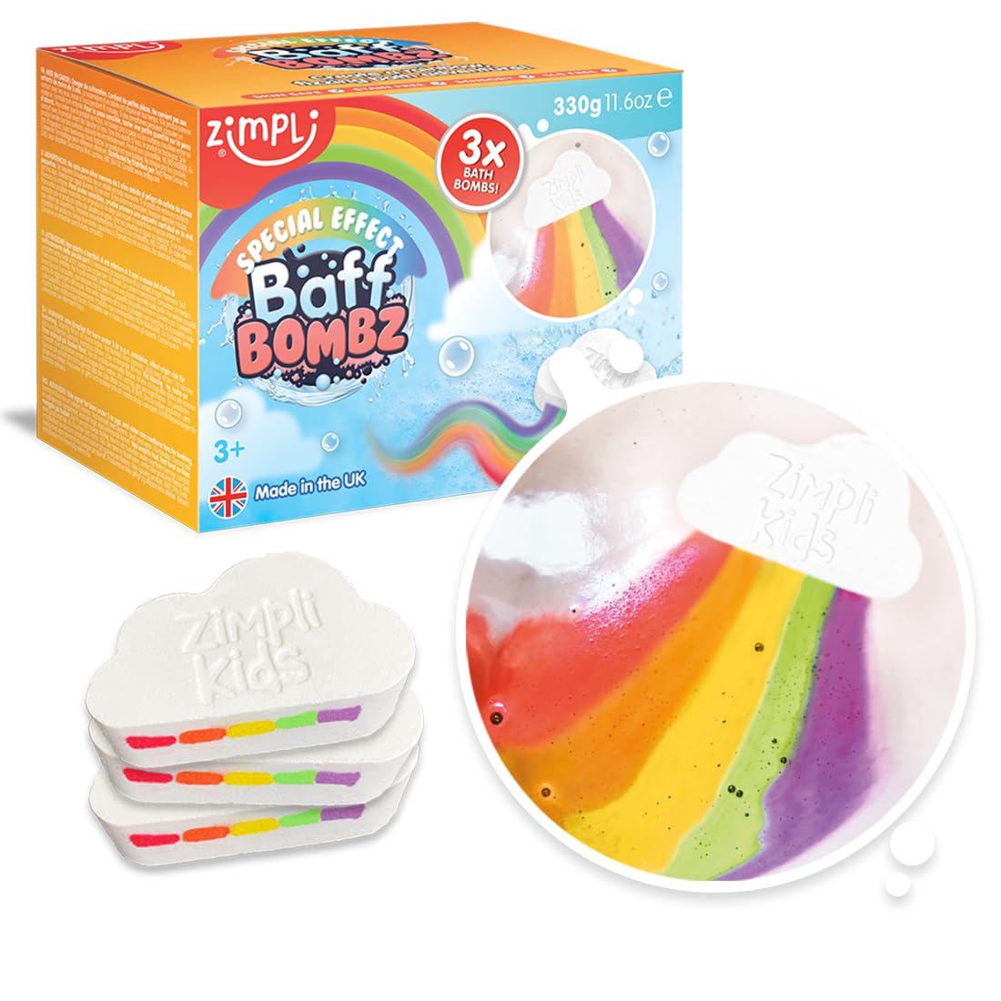 3 x Large Cloud Rainbow Bath Bombs from Zimpli Kids, Special Effect Bath Bombs for Children, Handmade Bubble Bath Fizzies Gift Set, Organic Moisturising Vegan Friendly and Cruelty Free 3 x Rainbow