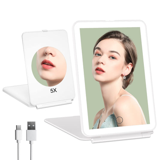 FUNTOUCH Rechargeable Portable Makeup Mirror with 72 LED Lights, Travel Lighted Makeup Mirror 1X/5X Magnification, 3 Color Lighting,Dimmable Touch Screen, Tabletop Folding Cosmetic Mirror with Lights White With 5x