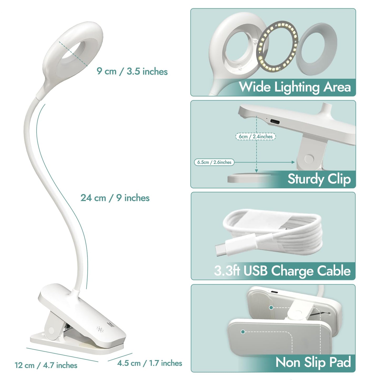 CUHIOY Clip on Reading Light for Bed, Eye Protect Bedside Book Light, 5 Color 5 Brightness LED Bed Reading Light, USB Rechargeable & Touch Control Headboard Lamp, Desk Clamp Light with Flexible Neck White Round Head