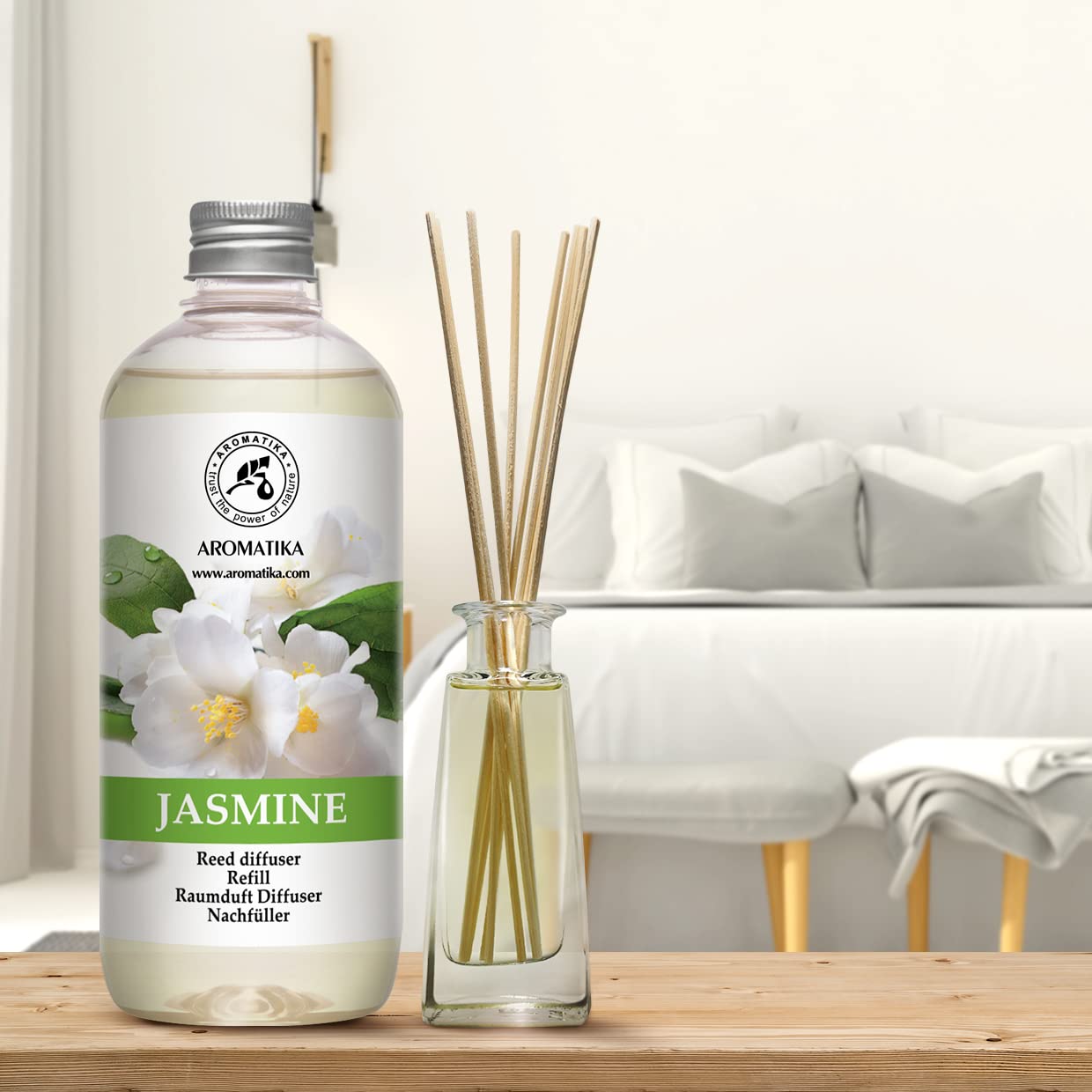 Jasmine Diffuser Refill w/Natural Essential Jasmine Oil 500ml - Best for Aromatherapy - Intensive - Fresh & Long Lasting Fragrance - Scented Reed Diffuser - Great Room Air Fresheners 500ml (Pack of 1)