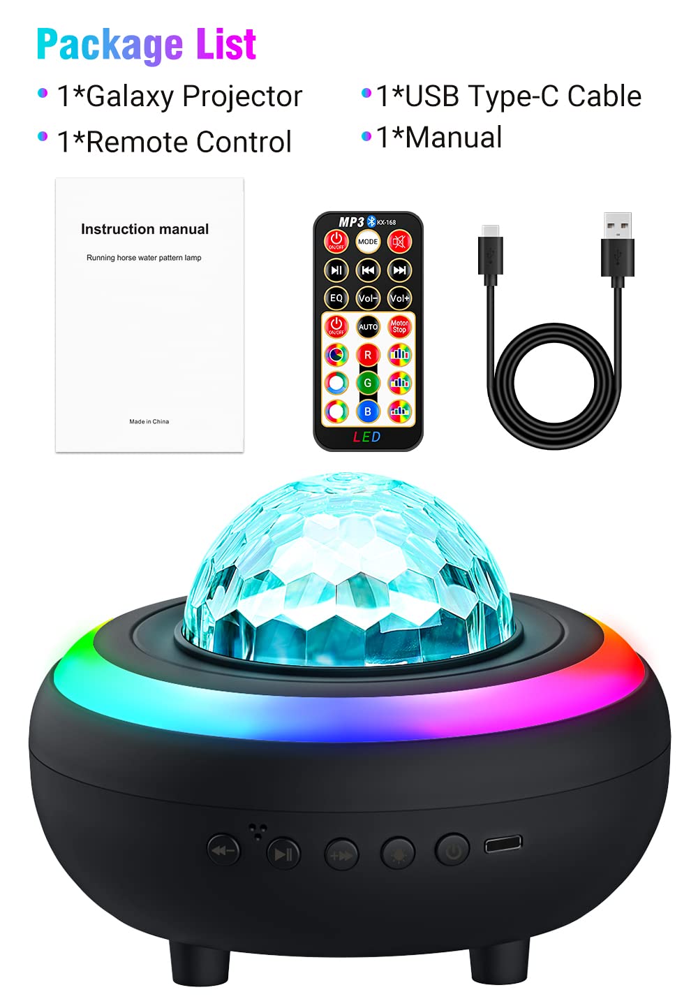 Galaxy Projector Night Light - LED Projector Music Bluetooth Speaker and Remote Control Ocean Wave Lights Lamps Ceiling Projector Light Music Night Light USB-2