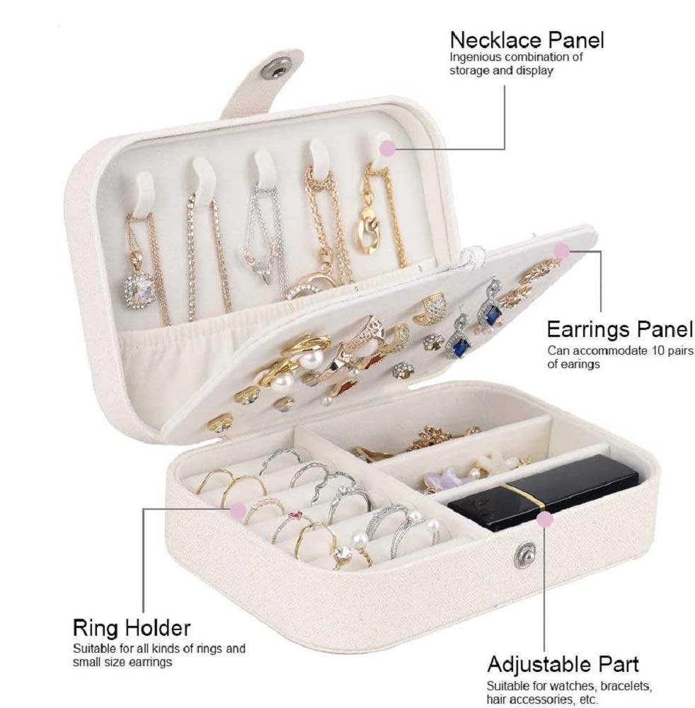 Yonzone Jewellery Box, Small Travel Jewellery Organiser Storage Case for Rings Earrings Necklace Bracelets Premium Faux Leather Jewellery Gift Box for Girls Women White With Gold Glitter