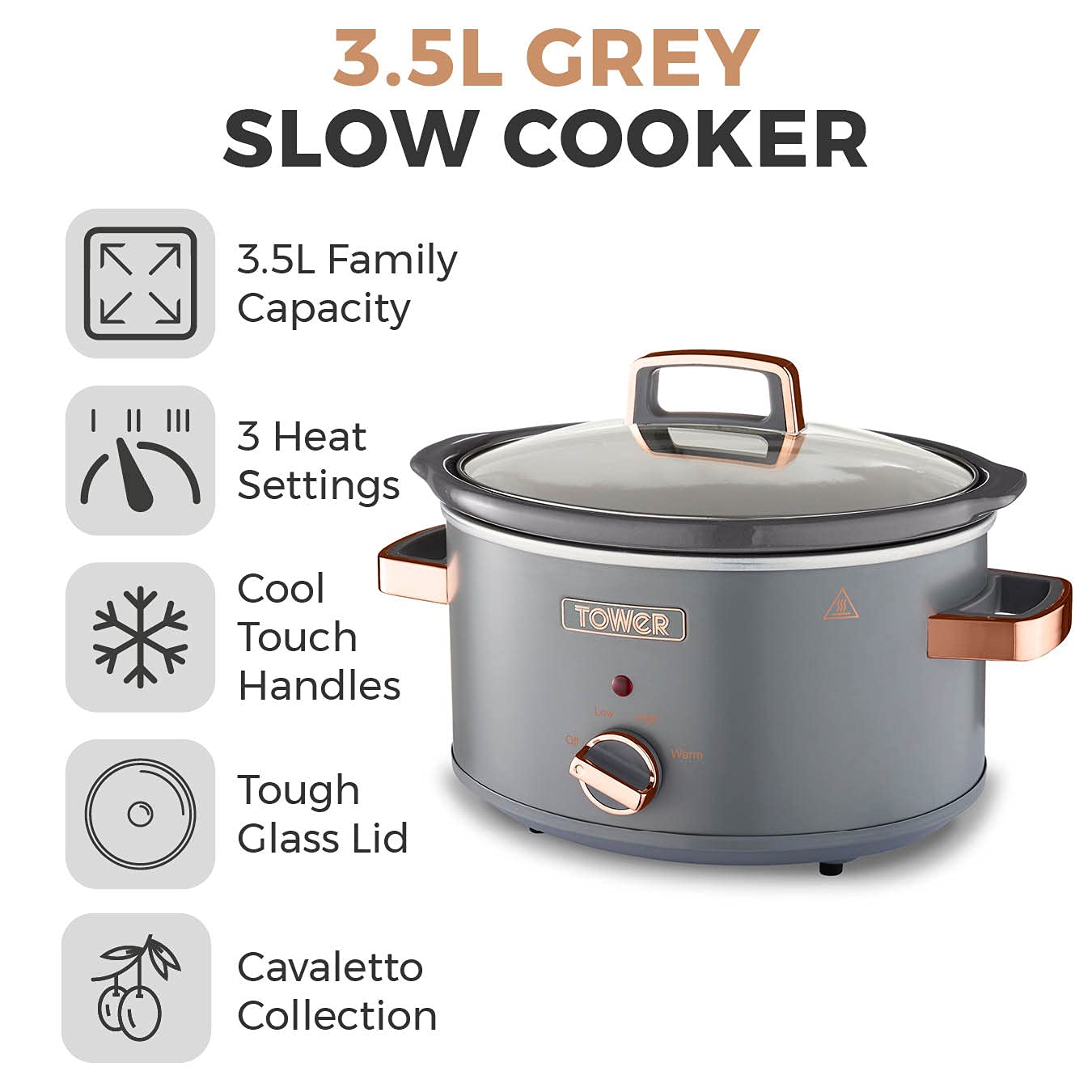 Tower T16042GRY Cavaletto 3,5 Litre Slow Cooker with 3 Heat Settings, Cool Touch Handles, 210W, Grey and Rose Gold 3.5L