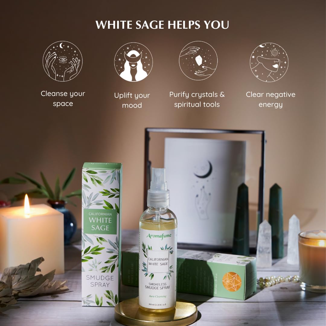 White Sage (California) Smudge Spray & Natural Mist by Aromafume | 100 ml / 3.3oz | Made with Salvia Apiana White Sage Extracts | Ideal for positivity, and cleansing | Non alcoholic, non-toxic & vegan