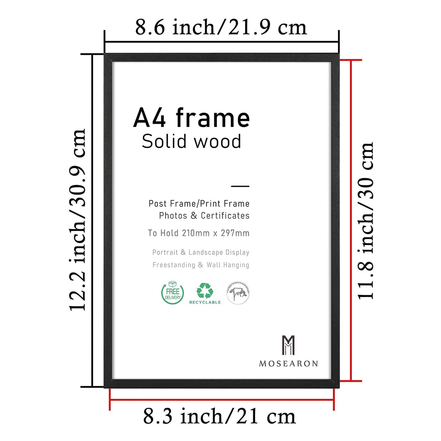 A4 Wood Photo Frame,4 Pack-21x30cm Black Wood Picture Frame,Certificate Frame for Wall Mount or Table Top Display,Set of 4 A4,4 paquets