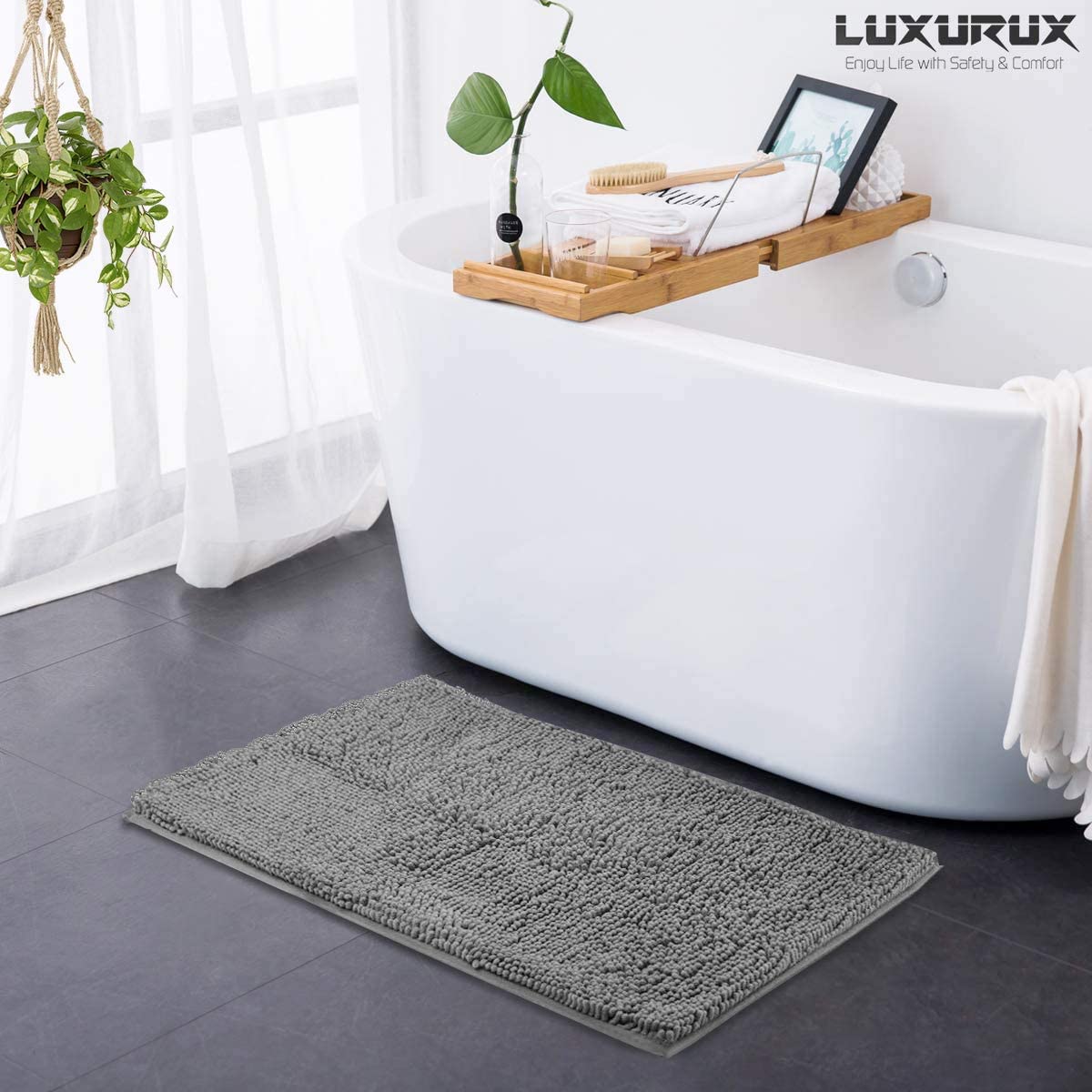 LuxUrux Bath Mat-Extra-Soft Plush Bath Shower Bathroom Rug, 1'' Chenille Microfiber Material, Super Absorbent Shaggy Bath Rug (Light Grey, 60 X 43 cm) 43 x 60 cm Light Grey