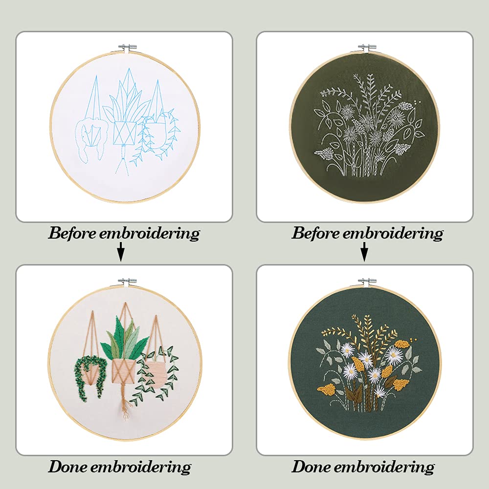 Jecanori Embroidery Starter Kit, 3 Pack Cross Stitch Kit with Floral or Plant Pattern and Instructions, Full Range of Embroidery Kits, Embroidery Hoops, Color Threads and Tool A-Flower-Tree