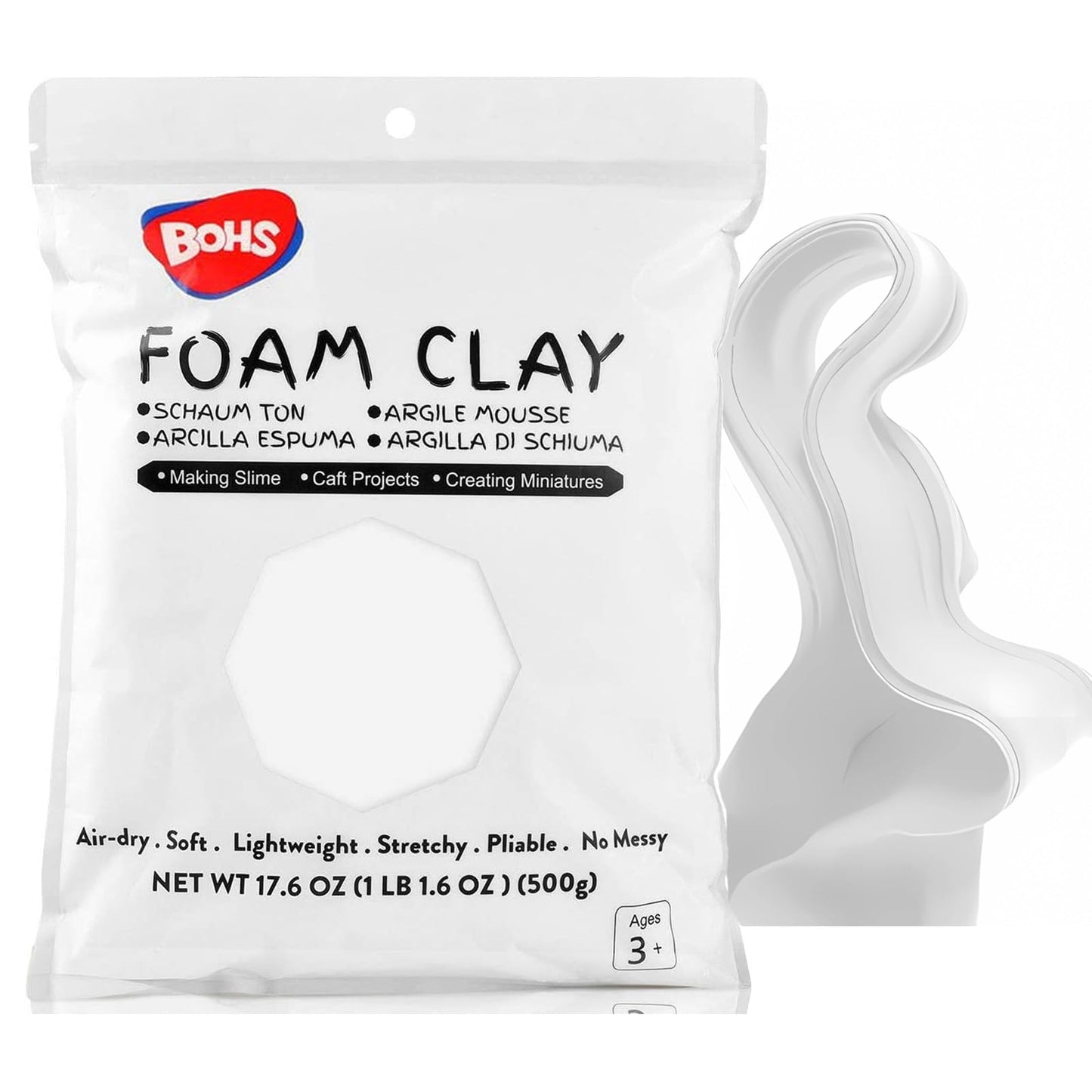 BOHS White Modeling Foam Clay- Air Dry, Squishy,Pliable - Molding Clay for Adult Arts & Crafts Project,Fake Bake,Cosplay,Slime Supplies,1.1Lbs/500G 1.1 lb - 1 Pack