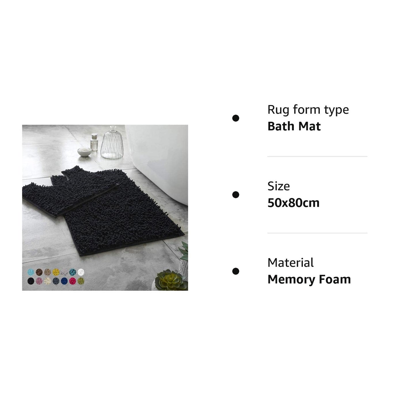 Lions Luxury 2 Piece Loop Bath Mats for Bathroom - Non Slip Chenille Bath Mat Set Rugs, Extra Soft with Water Absorbent Pedestal Bathmat Shower Toilet Mat, Black 50x80cm