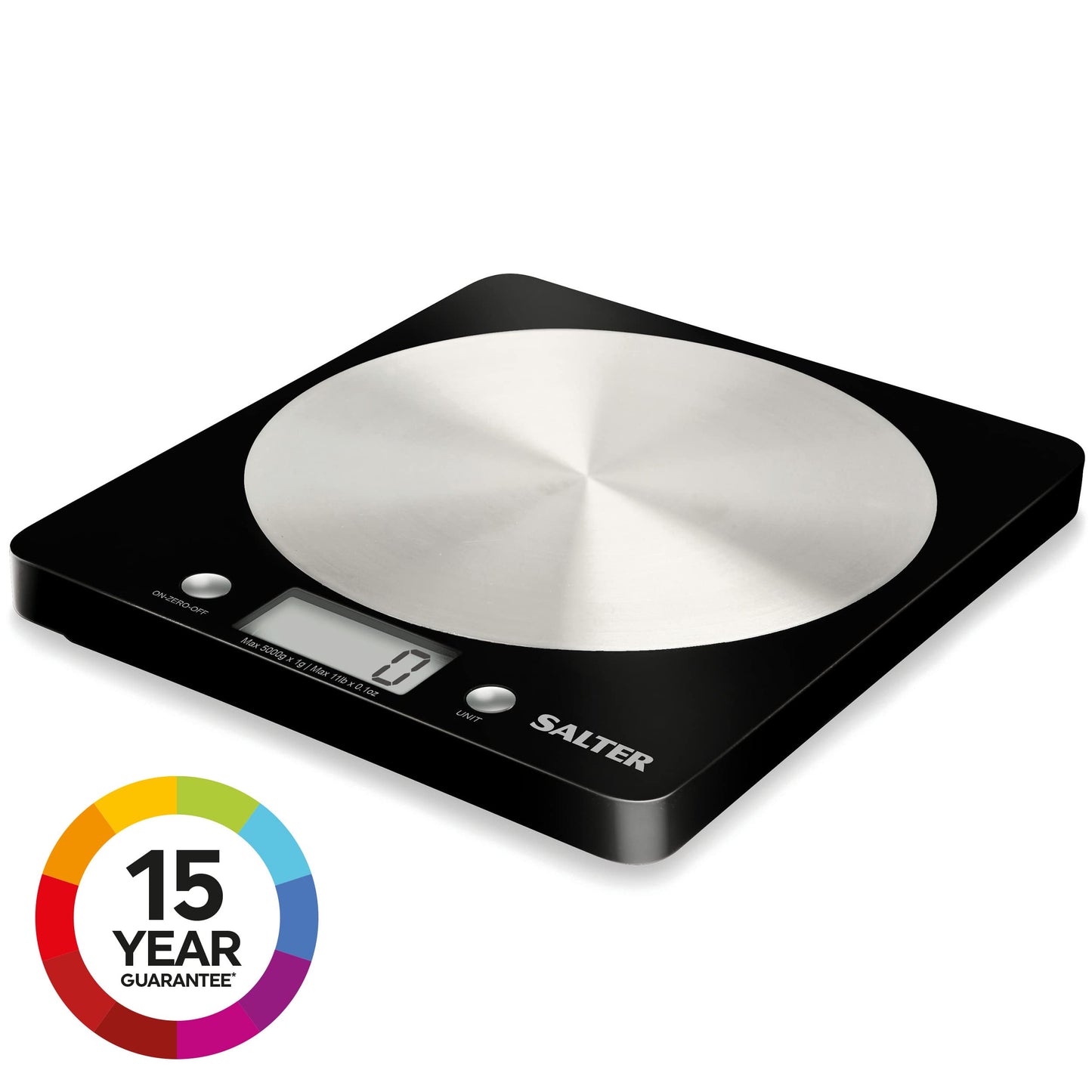 Salter 1036 BKSSDR Electronic Kitchen Scale – Digital Baking Scale with 5kg Capacity, Food Weighing Scale with Stainless Steel Disc Platform, LCD Display, Add & Weigh/Tare Function, Measure Liquids Black Single