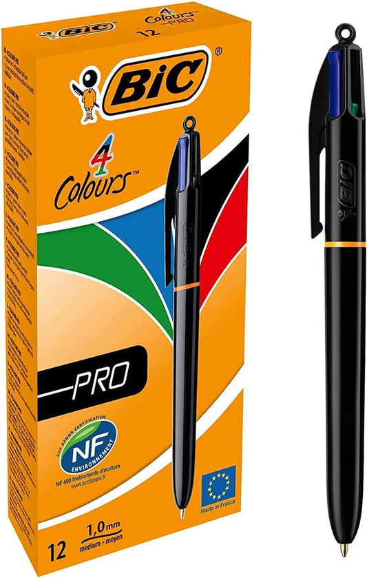 BIC 4 Colours Pro Multi Pen, Multi Coloured Pens All In One, Retractable Ballpoint Pen, Medium 1.0mm, Green, Blue, Red, Black, 12 Pens Per Pack, 1 Pack