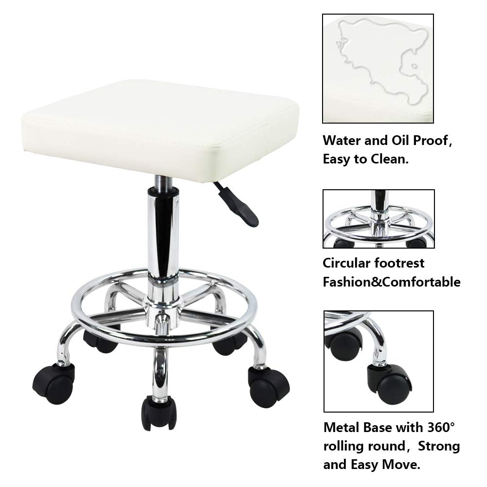 KKTONER Square Rolling Stool PU Leather Height Adjustable Swivel Massage SPA Salon Stools Task Chair with Wheels (White) White