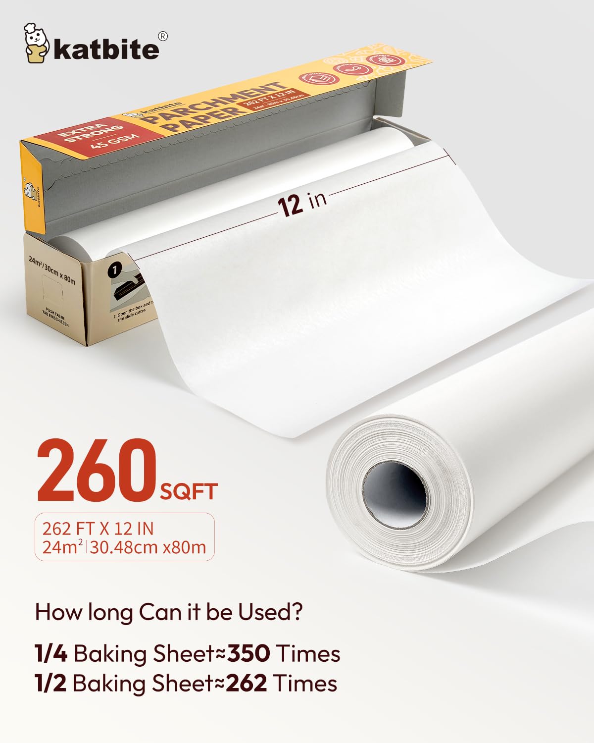 katbite Baking Paper Parchment Paper Roll 30CM x 80M Non Stick Heavy Duty Greaseproof Parchment Paper for Cooking, Meat, Vegetables, Pizza White