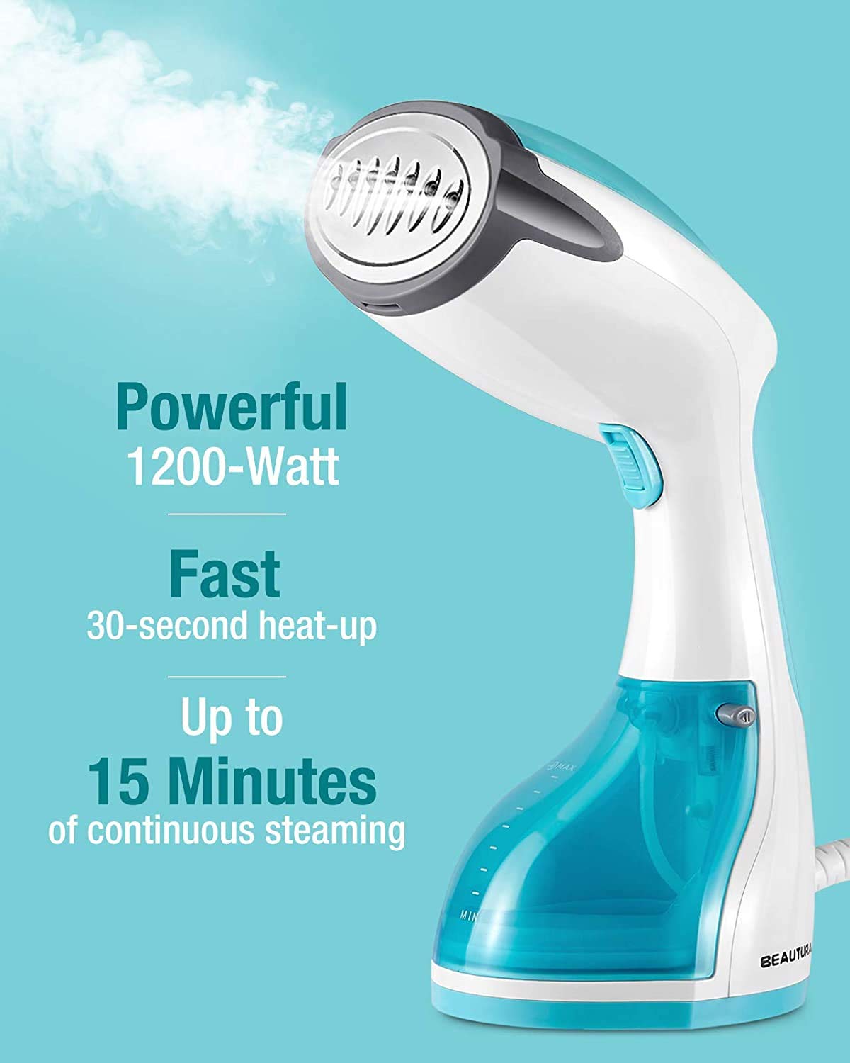 BEAUTURAL Steamer for Clothes, Portable Handheld Garment Fabric Wrinkles Remover, 30-Second Fast Heat-up, Auto-Off, Large Detachable Water Tank Aqua