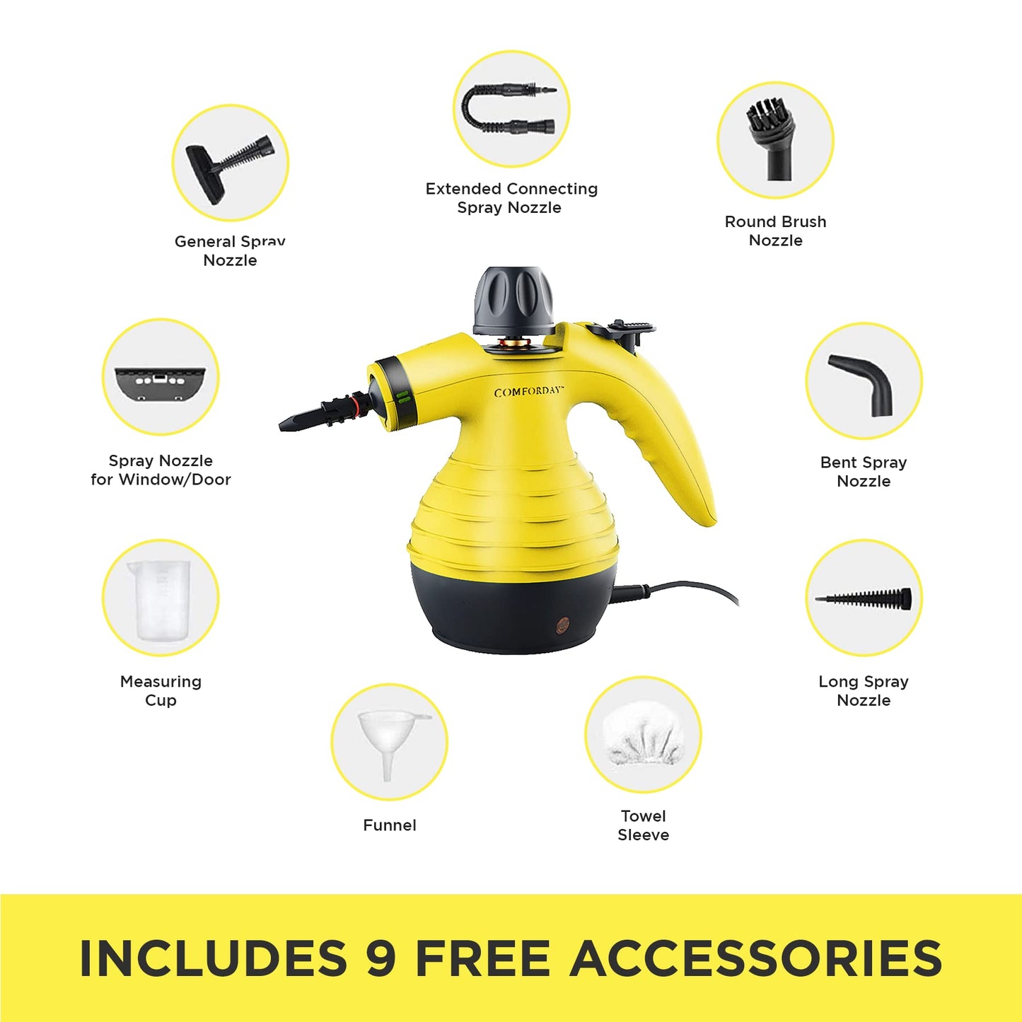 Comforday Multi-Purpose Steam Cleaner with 9-Piece Accessories, Perfect for Stain Removal, Curtains, Car Seats, Floor, Bathroom, (Yellow) Yellow