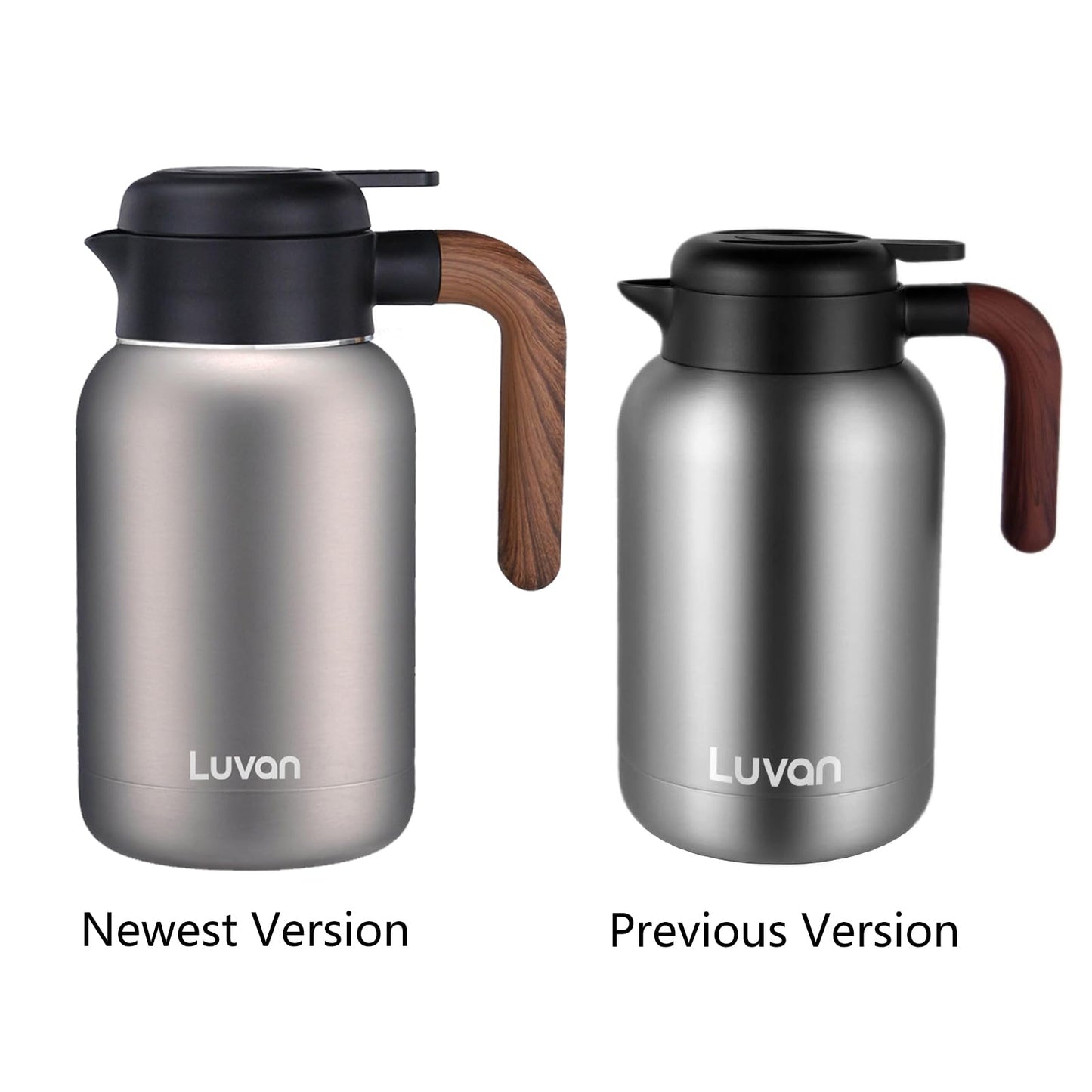 Luvan 2L Thermal Coffee Carafe Jugs,316 Stainless Steel Thermal Carafe with Press Solid Wood Grip/Vacuum Insulated with Press Button Top,12+ Hrs Heat &24+ Hrs Cold Retention,BPA Free,for Coffee,Tea 2l Thermal Coffee / Wood Handle