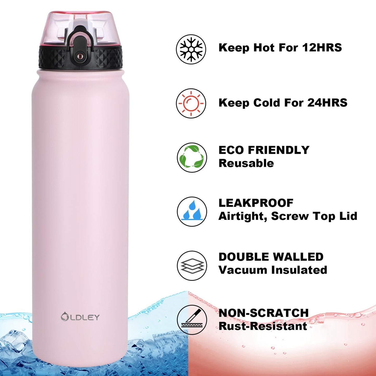 OLDLEY Stainless Steel Water Bottle with Straw 1L Vaccum Insulated Large Drink Flask Metal Water Bottles 1 Litre Leakproof Keep Drinks Hot Cold for Bike Camping Sports Gym Adult Women Men 1 Lid Pink