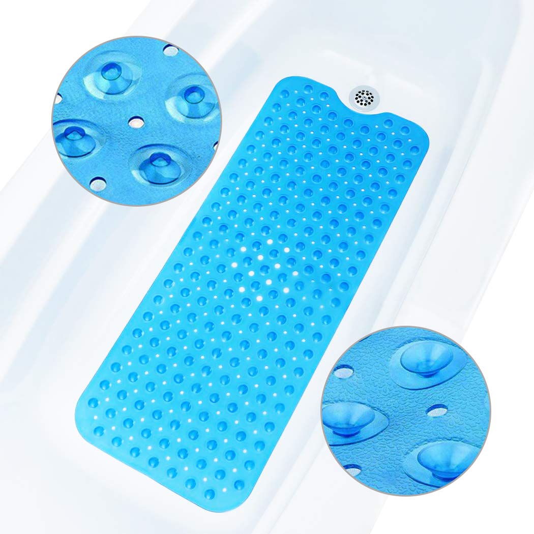 ADOV Bath Mat Non Slip, Anti-Bacterial Bathtub Shower Safety Anti Mould Mats, 200 Strong Suction Cups and Drain Holes, 100 x 40 cm Extra Long Mildew Resistant Machine Washable Bathroom Kids Mat-Blue Blue