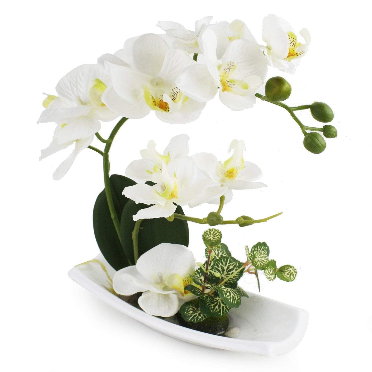 White Orchid Artificial Flowers Fake Indoor Faux Arrangements with Porcelain Vase Silk Plant in Pot That Look Real Table Centerpiece Bathroom Ornaments White Orchid