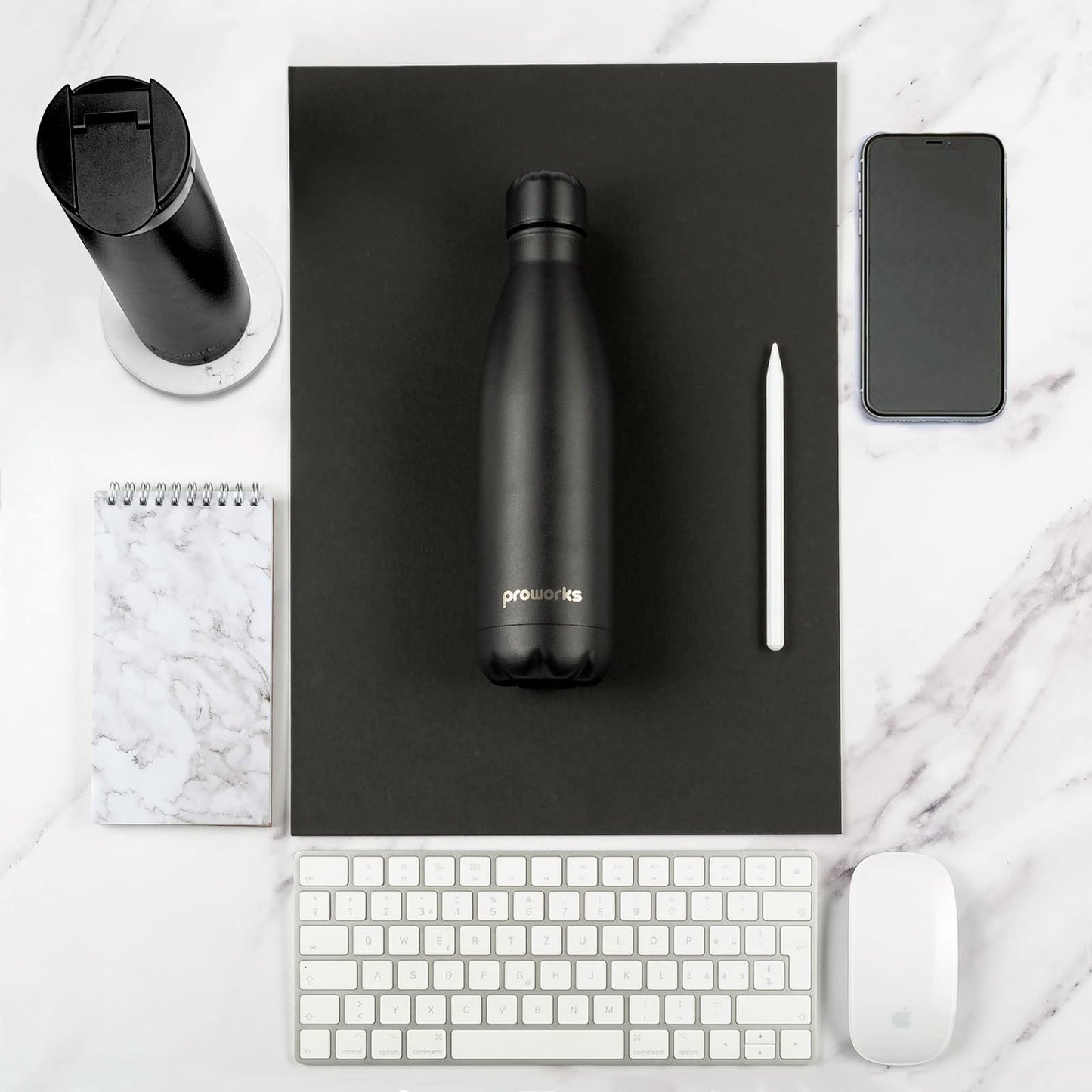 Proworks Performance Stainless Steel Sports Water Bottle | Double Insulated Vacuum Flask for 12 Hours Hot & 24 Hours Cold Drinks - Great for Home, Work, Gym & Travel - 1L - BPA Free – All Black 1 Litre