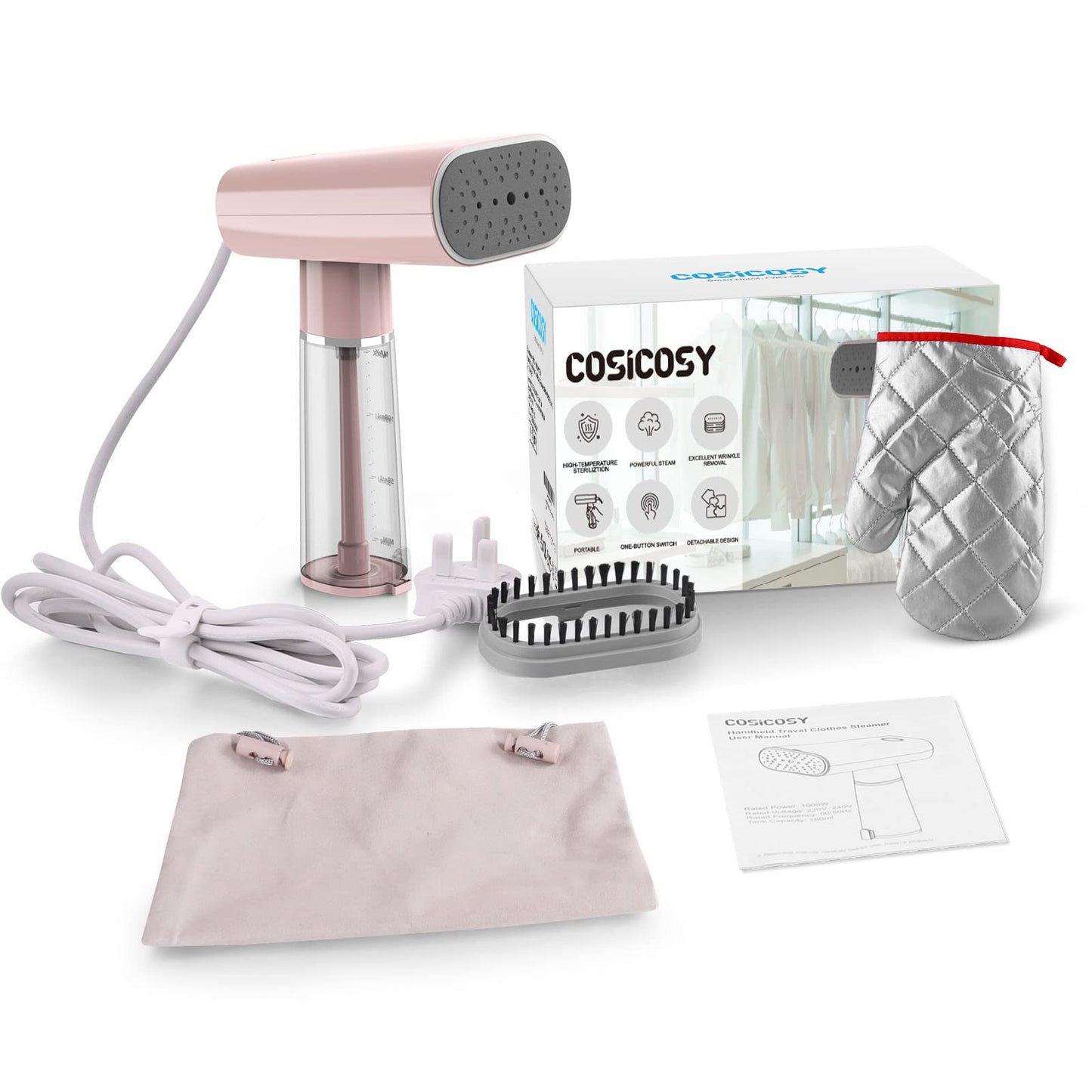 Cosicosy Travel Clothes Steamer, Travel Iron Handheld Garment Steamer Portable Clothes Steamer Wrinkle Remover for Home with Fast 25s Heat-up Detachable Water Tank Pink