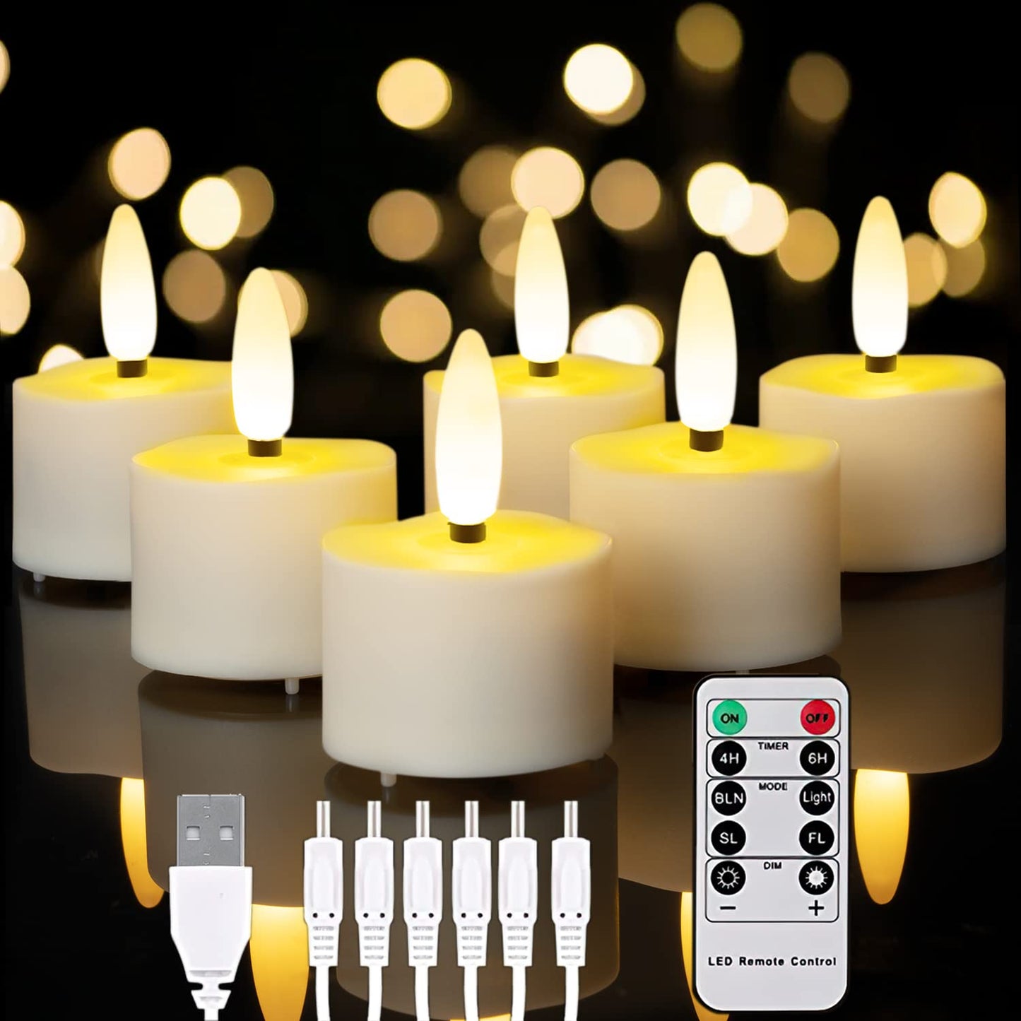 Homemory 6-Pack Rechargeable Candles Tea Lights with Remote Timer, LED Tea Lights Candles Battery Operated, Rechargeable Flameless Candles for Home Decor Seasonal Decor, Dia 3.5cm X H 5.8cm 3D wick, Rechargeable, Remote, Pack of 6