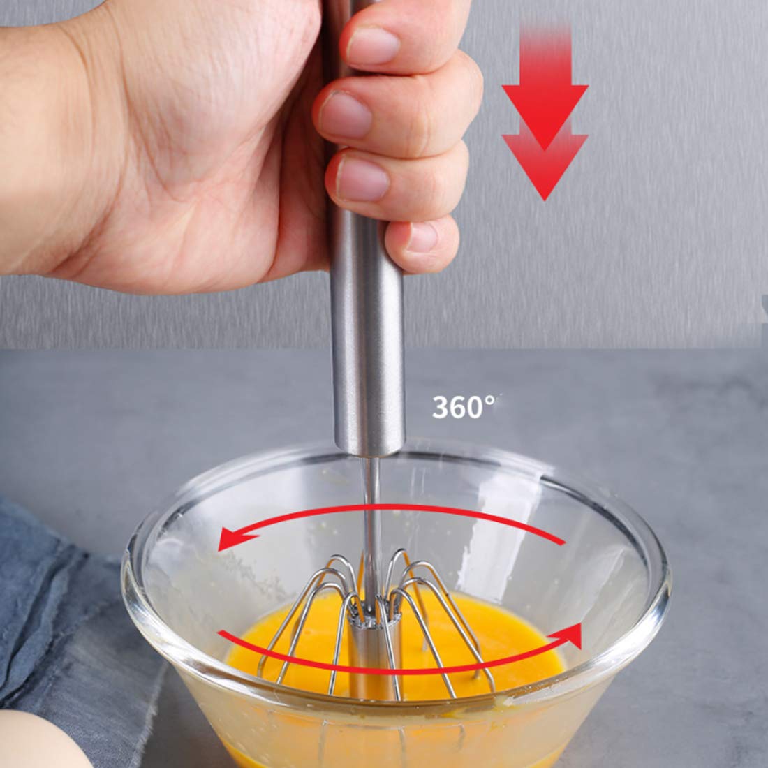 Feeziloe Egg Whisk, Hand Push Whisk Blender, Stainless Steel Egg Beater, Milk Frother, Rotating Push Mixer Stirrer for Whisking, Beating, Stirring