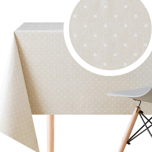 KP HOME Spotted Cream Polka Dot Design Wipe Clean Tablecloth Beige with White PVC Table Cover - Rectangle 200 x 140 cm - Wipeable Vinyl Plastic Table Cloth With Retro Polkadot 200 x 140 cm | 78 x 55 in