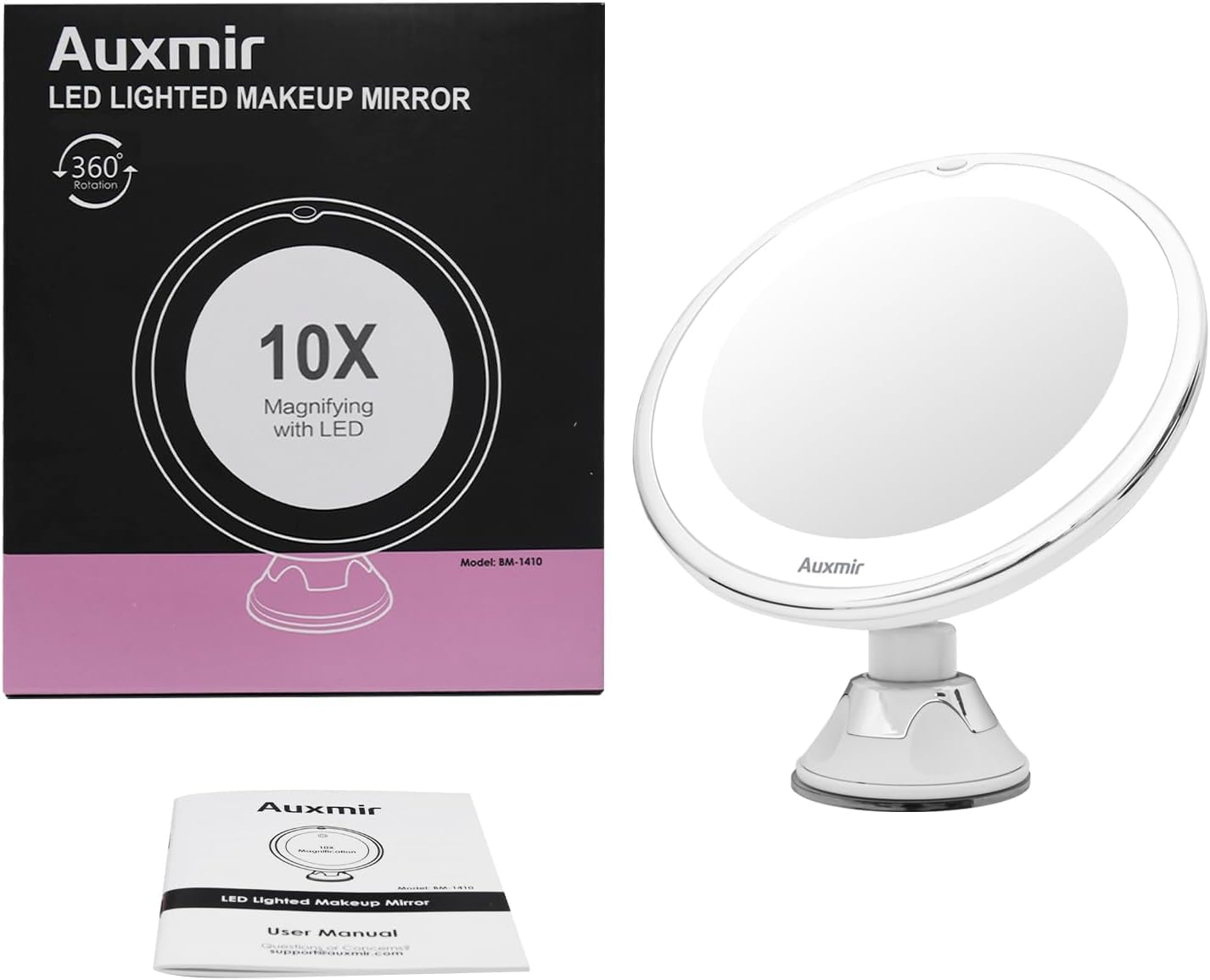 Auxmir Makeup Mirror, 10X Magnifying Lighted Mirror with 2 Adjustable Brightness, Daylight LED Vanity Mirror, 360° Rotating Illuminated Shaving Mirror with Locking Suction for Home, Bathroom