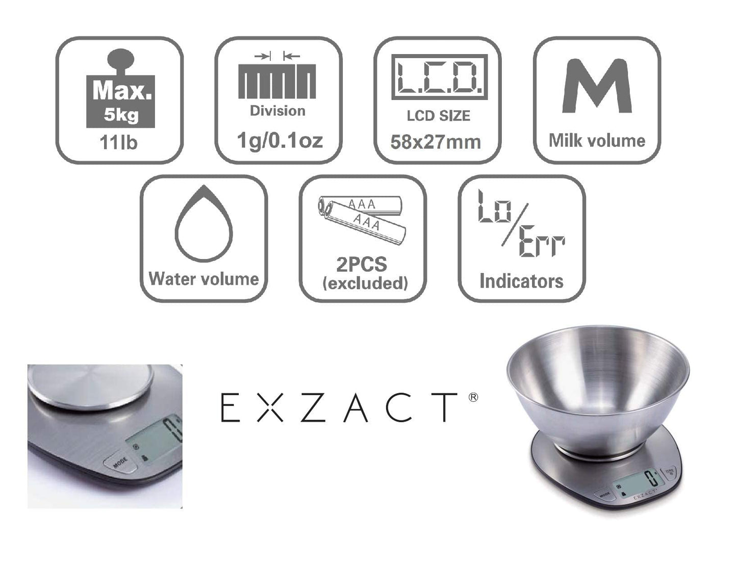 Exzact Electronic Kitchen Scale with a Mixing Bowl Stainless Steel -Digital Baking Scale - Food Scale - Support Imperial and Metric Switch - Capacity Max 5kgs Ex4350