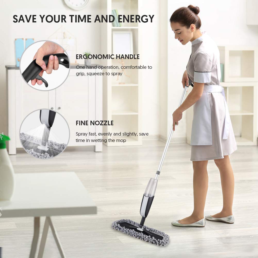 Spray Mop for Floor Cleaning - MANGOTIME Microfibre Floor Mop Dry Wet Mop for Laminate Wooden Hard Floor Tile Vinyl LVT Floors Kitchen Mop with 3 Washable Pads 1 Refillable Bottle 1 Scraper (Black)