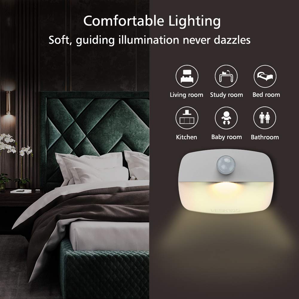 VESKYAO 3 Packs Motion Sensor Night Light, Indoor, Battery Operated LED Stairs Lights with Adhesive Pads, for Cupboard, Wardrobe, Shelf, Toilet- Warm White