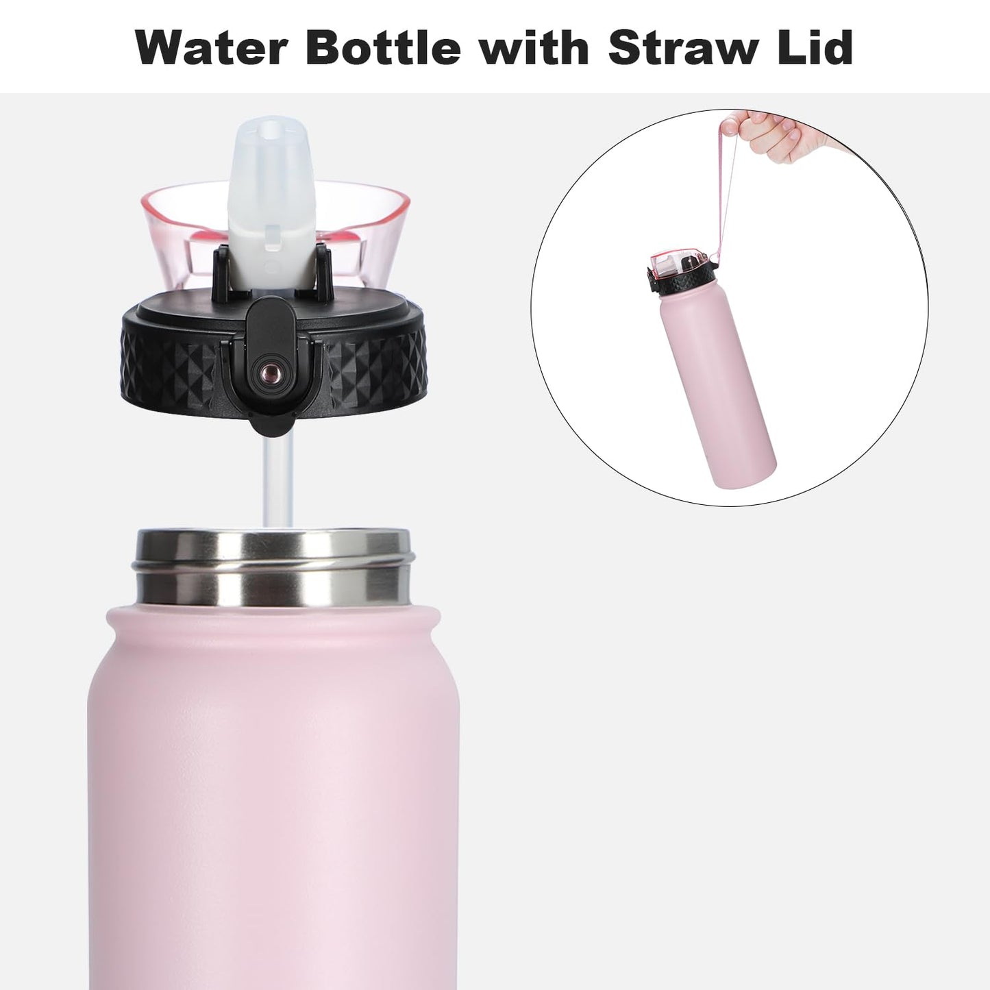 OLDLEY Stainless Steel Water Bottle with Straw 1L Vaccum Insulated Large Drink Flask Metal Water Bottles 1 Litre Leakproof Keep Drinks Hot Cold for Bike Camping Sports Gym Adult Women Men 1 Lid Pink