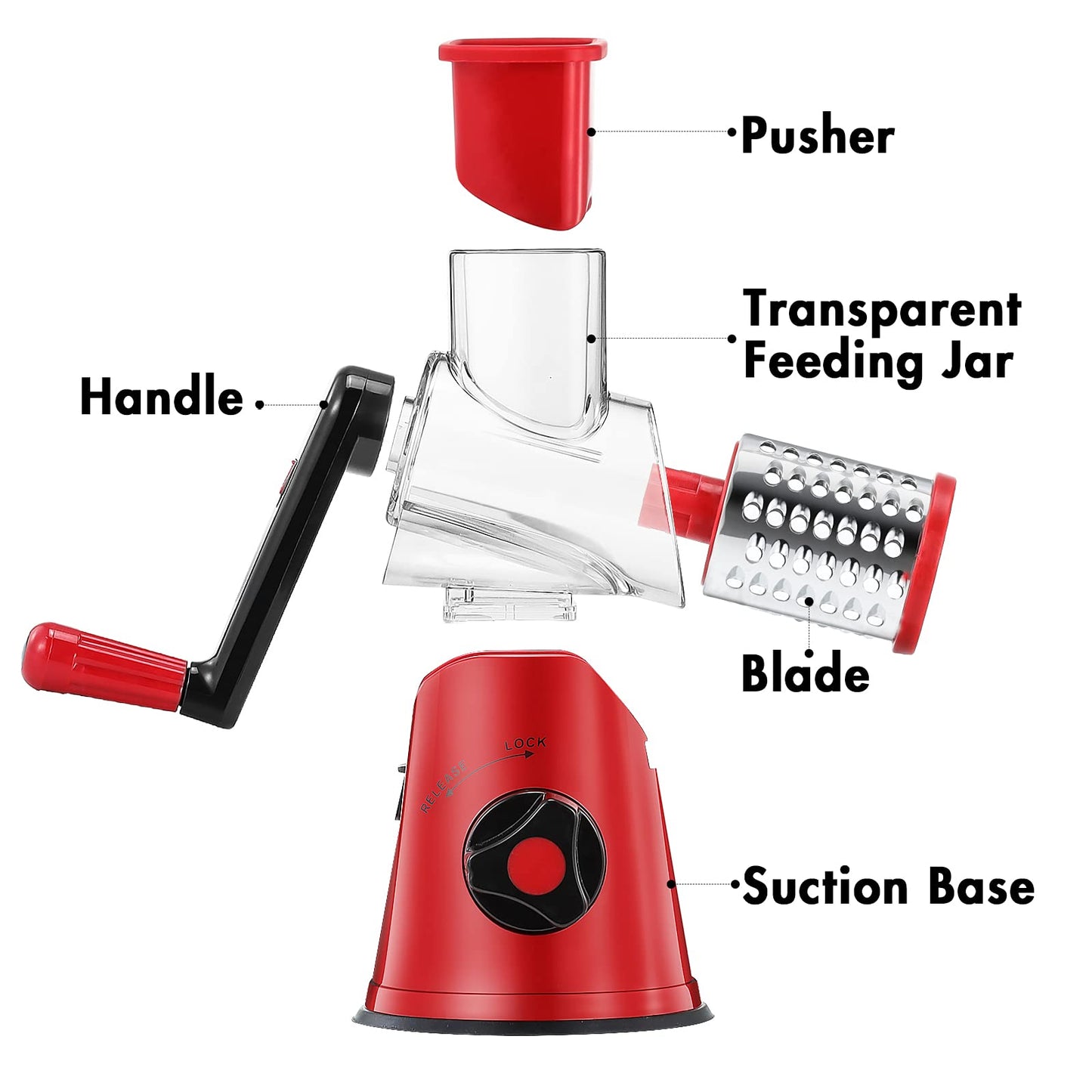 GDL Cheese Grater Rotary, Vegetable Slicer with 3 Interchangeable Drum Blades，Grater Kitchen Fast Cutting for Time Saving, Rotary Grater Suitable for Vegetable, Fruit, Nut, etc. Red