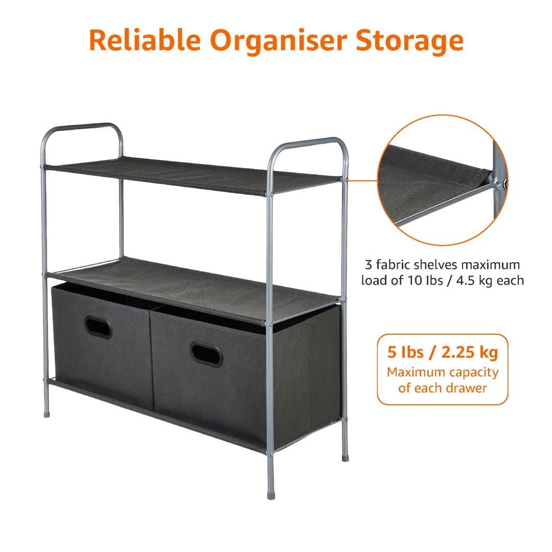 Amazon Basics Closet Storage Organiser Unit with Three Fabric Shelves and Two Collapsible Open-Top Bins, Gray, 83 x 31 x 78.7cm