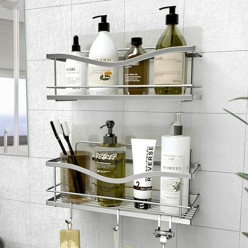 KINCMAX Shower Shelves 2-Pack - Self Adhesive Caddy with 4 Hooks - No Drill Large Capacity Stainless Steel Wall Shelf - Aesthetic Organiser for Inside Bathroom - Polished Silver